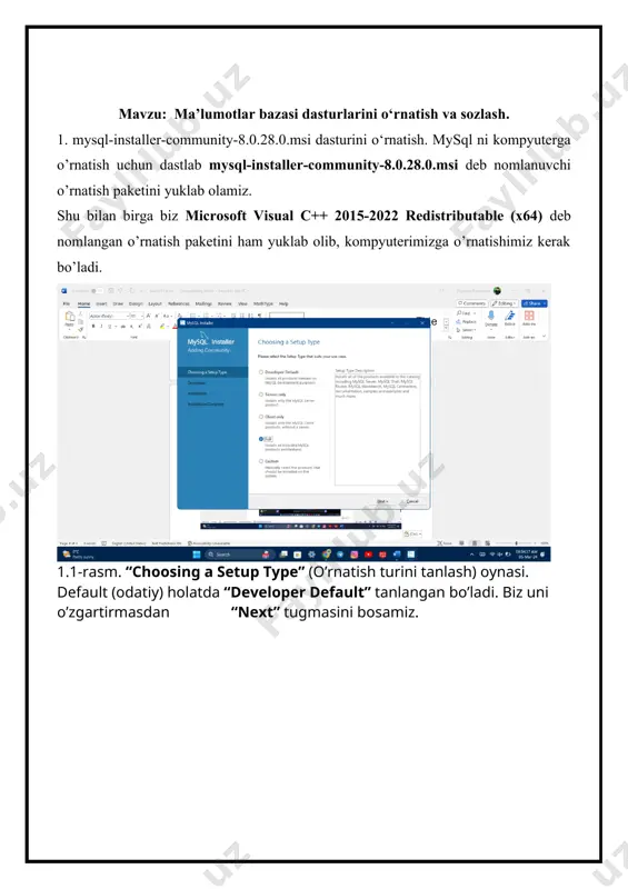 configuration” (konfiguratsiyani qo'llash) oynasi. unda “configuration steps” (konfiguratsiya bosqichlari) berilgan. “execute” (bajarmoq) tugmasini bosamiz. 1.13-rasm. “apply configuration” (konfiguratsiyani qo'llash) oynasi. “execute” (bajarmoq) tugmasini bosganimizdan so’ng, “configuration steps” (konfiguratsiya bosqichlari) ketma-ketlikda bajariladi. 1.14-rasm. “apply configuration” (konfiguratsiyani qo'llash) oynasi. “execute” (bajarmoq) tugmasini bosganimizdan so’ng, “configuration steps” (konfiguratsiya bosqichlari) ketma-ketlikda bajarildi va jarayon yakunlandi. endi “finish” tugmasini bosamiz. 1.15-rasm. “product configuration” oynasi. undagi “next” tugmasini bosamiz. 1.16-rasm. “mysql router configuration” (mysql router konfiguratsiyasi) oynasi. undagi “finish” tugmasini bosamiz. 1.17-rasm. “product configuration” (mahsulot konfiguratsiyasi) oynasi. undagi “next” tugmasini bosamiz. 1.18-rasm. “connect to server” (serverga ulanish) oynasi. 1.19-rasm. “connect to server” (serverga ulanish) oynasi. undagi “password” (parol) deb nomlangan kiritish qutisiga yuqorida o’rnatgan parolimizni kiritamiz va “check” tugmasini bosamiz. “connection succeeded” (ulanish muvaffaqiyatli amalga oshirildi) degan yozuv “status” ga chiqdi. endi “next” tugmasini bosamiz. 1.20-rasm. “apply configuration” oynasi. undagi “execute” tugmasini bosamiz. 1.21-rasm. “apply configuration” oynasi. undagi “execute” tugmasini bosganimizdan keyin “configuration steps” bajariladi. 1.22-rasm. …