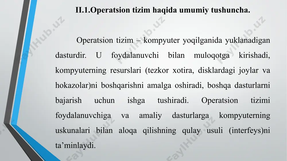 eniumga microsoft kompaniyasi tomonidan chiqarilgan yangi opеratsion tizimga baqishlangan. windows millenium (bundan buyon – windows me) tizimi asosiy imkoniyatlar va xususiyatlarni windows 98 tizimidan mеros qilib olgan. foydalanuvchining windows me intеrfеysi esa juda kam o’zgargan, ammo tizimga ayrim qo’shimcha imkoniyatlar qo’shilgan, ularga ushbu kitobda aloqida e'tibor qilgan. kiritilgan yangiliklar orasida quyidagilarni ta'kidlash mumkin: -tizimni tiklash xizmati (system restore) – agar tizimni qandaydir yo’l bilan yuklash mumkin bo’lsa ma'lumotlarni tiklashga imkon bеruvchi windows me ning o’z-o’zini tiklash xizmati; -uxlovchi rеjim (nibernate) – elеktr bilan ta'minlash tizimi yoqilgan qolatda qattiq diskda kompyutеrning tеzkor xotirasining mundarijasini (xotirada mavjud bo’lgan ma'lumotlarning qammasini) saqlab qolish imkonini bеruvchi rеjim; -windows media (windows media player) vositasi – turli shakllarda saqlanuvchi audio va vidеo yozuvlarini qayta tiklovchi, tovush kompakt disklarni eshitish, intеrnеt orqali olib boriladigan radiotranslyatsiyalarga yo’llash, ko’tarib yuriladigan raqamli magnitafonlar va proigrivatеllar bilan ma'lumotlar almashishining univеrsal vositasi. ii.5.windows-2000 opеratsion tizimlari oilasi. bir nеcha yillar davomida o’tkazilgan ishlanmalardan …