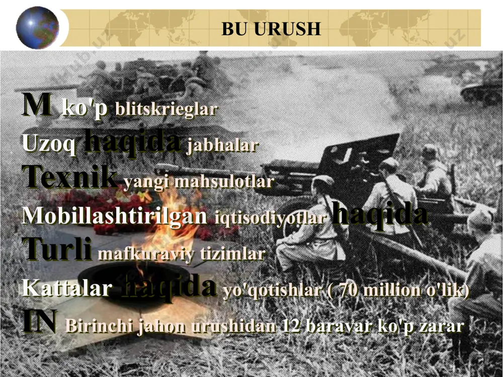 vlati tugatildi. g'arbiy ukraina va g'arbiy belorussiya sssrga berildi va germaniya bilan chegaradosh polsha erlari berlindan boshqariladigan germaniya bosh hukumati deb e'lon qilindi. 28 sentyabrda sssr va germaniya oʻrtasida doʻstlik va chegara toʻgʻrisidagi shartnoma imzolandi. o'rtasida umumiy chegara paydo bo'ldi . sovet-litva shartnomasining imzolanishi sssr estoniya, latviya va litvadan o'zaro yordam shartnomalarini tuzishni va sovet garnizonlarini o'z hududlarida joylashtirishga rozi bo'lishni talab qildi. bu talablar qabul qilindi. majinot chizig'idagi frantsuz istehkomlari 1939 yil 3 sentyabr angliya va fransiya germaniya polshaga qarshi tajovuzni to'xtatish to'g'risidagi ultimatumiga javob bermasa, unga qarshi urush e'lon qiladi . yangi zelandiya va avstraliya ham germaniyaga urush e'lon qildi. shu vaqtdan boshlab 1940 yil 10 maygacha " g'alati (o'tirish) urushi " bo'lib o'tdi. 1940 yil bahorida gitler g'arbiy frontga hujum boshladi. 9-aprelda germaniya daniya va norvegiyani bosib oldi. daniya jangsiz taslim bo'ldi va norvegiyada mahalliy fashistlar rahbari quisling hokimiyatga keldi. 1940 yil 10 mayda nemis qo'shinlari niderlandiya, …