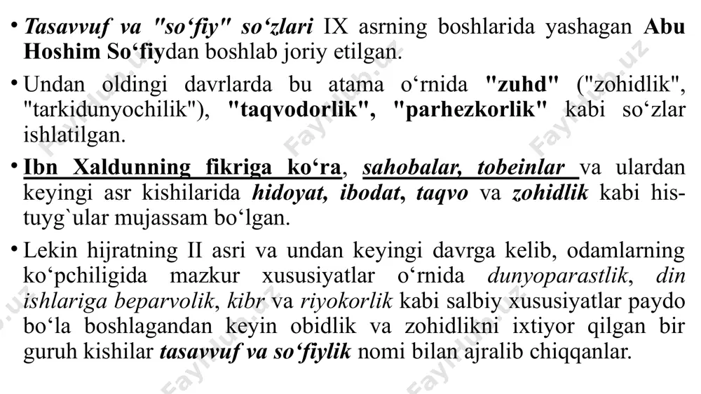 ayx va hadisshunoslikni o‘rgatgan ustozlari kiritiladi. «rashohot»da bahouddin amir kuloldan so‘ng orif digtaroniy va qusam shayxdan va «keyinchalik esa xalil otadan tarbiya olgan», deyilgani voqealar mantiqiga mos kelmaydi. chunki «maqomot»da naqshbandning o‘zi keltirgan naqli bu voqeaning boshqa tarzda bo‘lganligini ko‘rsatadi: naqshband buyuk mutasavvif mansur halloj (858) ruhidan ham ta’lim olgan. naql qilinishicha, u aytgan: «talab ayyomlarida mansur halloj sifati ikki marta menda tug‘yon urdi. bir dor bor edi. ikki marta o‘zimni dor ostiga yetkazdim va dedi: «joying mana shu dordir». tangri inoyati bilan bu maqomdan o‘tib keta oldim». naqshband buyuk so‘fiylar boyazid bastomiy (vaf. 875), junayd bag‘dodiy (vaf. 910), shibliy (861) ruhiy olamidan ham bahra olgan, lekin ular maqomida qolmagan. manbalarda keyingi ruhiy tarbiya bergan valiy xoja hakim at-termiziy ekanligi ko‘rsatilgan. hijriy 789 yilda bahouddin shunday degan: «yigirma ikki yildirki, biz hakim at termiziy tariqatiga ergashamiz va ular besifat edilar. agar biror kishi bilsa men ham bu zamonda besifatdurman». yana …