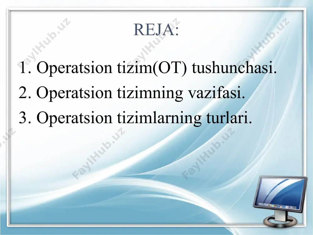 hilarga amaliy jarayonlarni bajarishning qulay shakllarini taqdim qilsa, mutaxassislarga dasturiy ta’minotni ishlash uchun yaxshi asos taqdim qiladi. ms-dos kataloglar shajarasini tashkil qiladi, taraqqiy etgan buyruqlar tiliga ega. ms-dos amaliy jarayonlar, fayllar va tashqi qurilmalar bilan samarali ishlay oladi. buyruqlar satri ko`rinishidagi ot: ot tarixi microsoft korporatsiyasining ibm pc uchun grafik operatsion tizimida ishlash 1981 yilda boshlangan va bir nechta grafik qobiqlar yaratilgan. windows 1.0, windows 2.0, windows 3.0, windows 3.1, , windows 3.11… windows operatsion (amaliy) tizimi. microsoft korporatsiyasi tomonidan shaxsiy kompyuterlar uchun taklif qilingan operatsion tizimlar oilasi. windows tizimi ko‘pmasalali va ko‘poqimli bo‘lib, qulay grafik interfeys bilan tavsiflanadi, virtual xotiraning boshqaruvini taqdim qiladi va ko‘pgina tashqi qurilmalarni qo‘llab-quvvatlaydi. windowsni ishlatib, foydalanuvchi birdaniga bir necha amaliy jarayonlar bilan samarali ishlash imkoniyatiga ega bo‘ladi. dunyoda 90% ga yaqin kompyuterlar windows operatsion tizimi boshqaruvida ishlaydi. windows operatsion (amaliy) tizimi. 1983 windows 1.0 1985 windows 1.0 1987 windows 2.0 1990 windows 3.0 1992 …