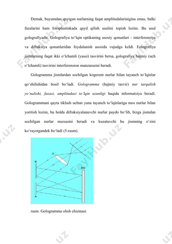 kiga nisbatan o‘nlarcha marta katta bo‘ladi. bunday mashinalarning asosini lazer qurilmalari tashkil qiladi. ularning xotirasi ham optik bo‘lib, ma’lumotlarni golografik yozishga asoslanadi. o‘lchami 10(10 sm2 bo‘lgan gologrammaga 100 mln dan ortiq ma’lumotni yozish mumkin; bunday hajmdagi ma’lumot uchun 1 mln. betga yaqin bosma tekst kerak bo‘ladi. golografik optika yordamida hozir murakkab matematik hisoblashlar, funksiyalarni diferensiallash, integral operatsiyalar bajarilmoqda; eng murakkab tenglamalar yechilmoqda.