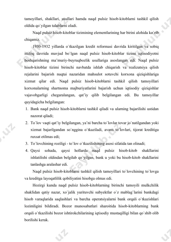 k yurituvchi subyektlar o`z mablag`larini bankdagi hisob varaqlarida saqlashlari va barcha operatsiyalarni bank orqali o`tkazishlari lozimligini bildiradi. bozor munosabatlari sharoitida hisob-kitoblarning bank orqali o`tkazilishi bozor ishtirokchilarining iqtisodiy mustaqilligi bilan qo`shib olib borilishi kerak. naqd pulsiz hisob-kitoblarni tashkil qilishning ikkinchi tamoyili shundan iboratki, mijozlarning hisobvaraqlaridan pul mablag`larini ko`chirish, ularning topshirig`i, yoki roziligiga asosan hisobvaraqdagi mablag`lar chegarasida bajariladi. o`zbekiston respublikasi fuqarolik kodeksining ishlab chiqilishi va joriy etilishi munosabati bilan markaziy bank tomonidan mijozlarning hisobraqamlari bo`yicha operatsiyalar o`tkazish tartibi belgilangan. hisobvaraqlardan mablag`larni o`tkazish, hisobvaraq egasining topshirig`i asosida bajariladi, mijozlarning buyrug`isiz hisobvaraqlardagi pul mablag`lari faqat sud qaroriga binoan, qonunda belgilangan tartibda bank va mijoz o`rtasidagi shartnomaga asosan ko`chirilishi mumkin. o`zbekiston respublikasi fuqorolik kodeksiga asosan mijozlarning hisobvaraqlarida barcha talablarni bajarishga pul mablag`lari yetarli bo`lgan hollarda pul ko`chirilishi bo`yicha mijozning topshirig`i va boshqa hujjatlarning kelib tushishi tartibida hujjatlar to`lanishi lozim. mijoz hisobvarag`ida barcha talablarni to`lashga mablag`lar yetarli bo`lmagan taqdirda hujjatlarning to`lanishi o`zbekiston respublikasi markaziy bankining 1999 …