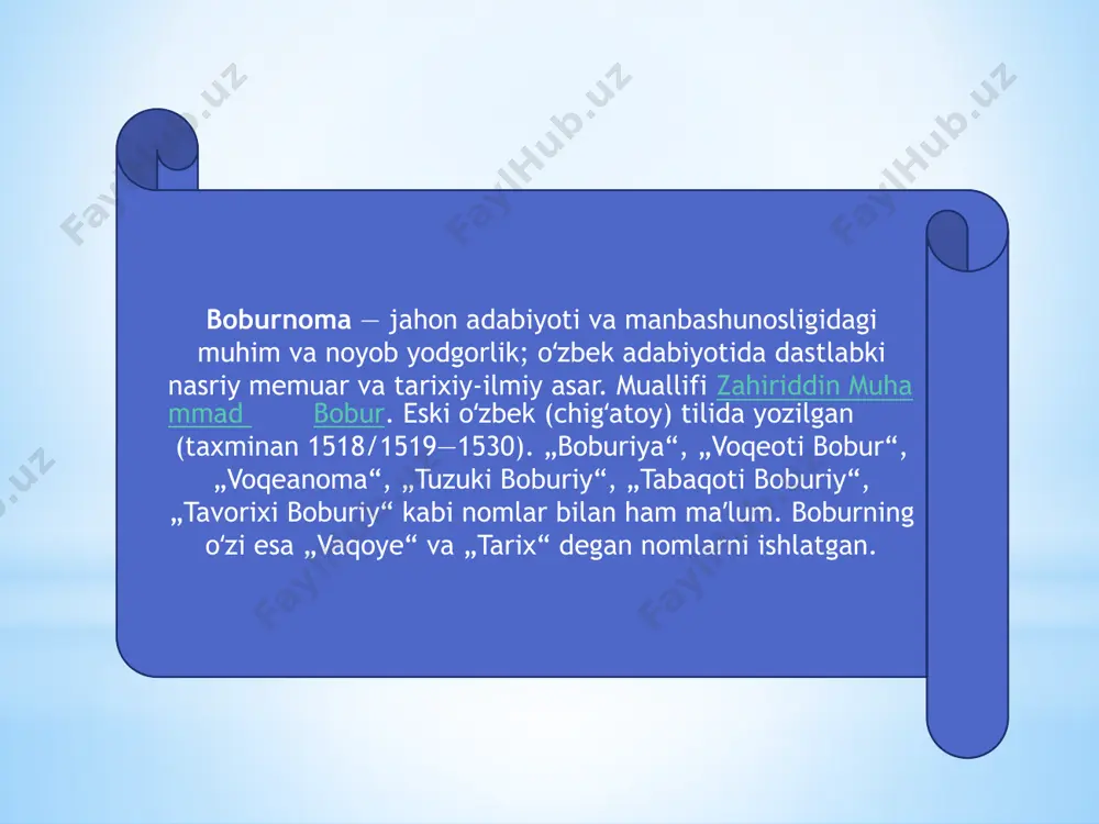 iyni magʻlub etib (qarang panipat janglari), shim. hindistonni bosib olgani (1526) va boburiylar davlatini barpo qilgani haqidagi maʼlumotlardan iborat. „boburnoma“ 15-asr oʻzbek badiiy nasrining yorqin namunasi sifatida sof badiiy lavhalar, jonli tasvirlar, anʼanaviy lirik chekinishlarga boy. nasriy matn ichida keltirilgan xalq maqol, matallari, iboralari, ibratli oʻgitlar, sheʼriy parchalar uning badiiyligini yanada oshiradi, oʻziga xos joziba bagʻishlaydi. „boburnoma“ 16-asrdan boshlab hozirgacha dunyoning koʻp tillari — ingliz, golland, fransuz, fors, nemis, italyan, rus, hind, urdu va boshqa tillariga bir necha martalab tarjima qilindi, sharh-izohlar bilan nashr etildi. angliya, amerika, fransiya, rossiya, hindiston, pokiston, afgʻoniston, turkiya, yaponiya kabi oʻnlab mamlakat olimlarining ilmiy tadqiqotlarida „boburnoma“ning insoniyat yaratgan oʻlmas obidalar qatorida alohida oʻrinda turishi taʼkidlanadi. „boburnoma“ning jahonga mashhur boʻlishida, asosan ingliz sharqshunoslarining xizmati katta boʻldi. yevropadagina emas, balki jahonda birinchi toʻliq nashrini (ingliz tilida) 1826-yilda j. leyden va v. erskin amalga oshirdi. f. talbot esa mazkur nashr asosida 2-marta (1878, 1909) uning qisqartirilgan nashrlarini chop …