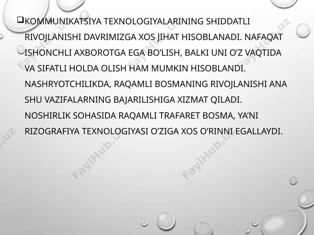 asvirning aksi qoladi. chuqur bosma usuli. chuqur bosma usulida bosuvchi elementlar qolipda chuqurroq joylashadi. qolipdagi bosuvchi elementlar qanchalik chuqurroq joylashsa, shunchalik bo‘yoq ko‘proq bo‘yoq qolipdan qog‘ozga o‘tadi va nusxa olinadi. qolip sirtidan (oraliq elementlar) bo‘yoqni olish uchun maxsus pichoq (rakel) ishlatiladi. chuqur bosma usuli bo‘yoqlarini qog‘ozga yarqinroq bergani uchun odatda undan ko‘p tasvirli jurnallarni, fotoalbom va portretlarni tayyorlashda ishlatiladi. chuqur bosma usulining afzalliklari asosan qadoqlash mahsulotlarini tayyorlashda ko‘rinadi. bosish sifati adadning oxirigacha o‘zgarishsiz qoladi. chuqur bosma usuli sifat darajasida hamma talablarga javob berib, bosishda eng yaxshi natijalar beradi. bu bosish usuli kam adadli va qaytariladigan buyurtmalar uchun eng yaxshi taklifdir. shu vaqtning o‘zida chuqur bosishda qolip silindirlariga harajatlar katta bo‘lib, kichik adadlarni tayyorlashda u fleksografiyaga yo‘l beradi. chuqur bosma usullaridan biri tampon bosish usuli hisoblanadi. tampon bosish usuli uchun qolip tayyorlash xuddi fleksografiya usulidagi fotopolimer bosma qolip tayyorlashga o‘xshab ketadi. biroq u tasvirni qolipda biroz chuqurda joylashgani bilan fleksografiya usulidagi …