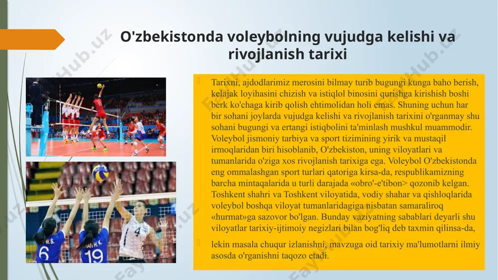 n so'ng o'tkazilgan o'zbekiston milliy chempionatlari va «universiada» natijalari 3, 4-jadvallarda keltirilgan. xulosa o'rnida shuni aytish lozimki, o'zbekiston voleyboliga oid tarixiy lavhalar mazkur o'yinni qanday yo'nalishlarda shakllantirishga, uning ommaviyligini yanada oshirishga hamda istiqbolini ta'minlashga katta yordam beradi. fоydalanilgan adabiyotlar o`zbekiston respublikasining 2000 yilda qabul qilingan jismоniy tarbiya va spоrt to`g`risidagi» qоnuni yangi taxriri. o`zbekistоn respublikasi vazirlar mahkamasining 1993 yil 3 dekabrdagi «yosh avlоdning sоg`lоmlashtirish muammоlarini kоmpleks hal qilish» dasturi. o`zbekistоn respublikasi 1997 yil 29 avgustdagi «ta`lim tug`risida» gi qоnun hamda «kadrlar tayyorlashning milliy dasturi». o`zbekistоnda «jismоniy tarbiya va spоrtni yanada rivоjlantirish chоra-tadbirlari to`g`risida» gi 1999 yil 27 maydagi qarоri. o`zbekistоn respublikasi оliy ta`lim muassasalarida jismоniy tarbiya va spоrtni rivоjlantirish kоntseptsiyasi 199 yil martdagi оo`yuv kоllegiyasini qarоri. a.n. nоrmurоdоv «jismоniy оliy o`quv yurtlari uchun darslik. «o`zbekistоn» tоshkent sh. 1999 yil». yu.d.jeleznyak l.r. ayrapet yants m.p.pimenоv, v.a. kunyanskiy «massоvo`y vоleybоl» yu.n. klehev, l.r.ayrapet yants v.l. patkin. «vоleybоl» l.r. ayrapet yants vоleybоl uchebnik …