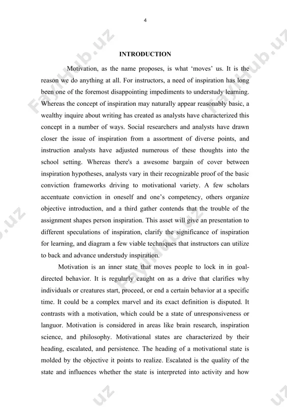 tional resources as powerful tools for creating a positive and encouraging learning environment. the aim of the study to provide valuable insights into the role of motivation in teaching english for upper classes, and how it can empower students to achieve their language learning goals the tasks of this work are: · research and analyze the specific challenges and opportunities in teaching english to upper classes, such as advanced language skills, diverse cultural backgrounds, and high expectations. · investigate the impact of motivation on the learning experience for upper class students, including how it can influence their attitude, effort, and success in language acquisition. · explore the various motivational strategies and techniques that can be utilized to engage and inspire upper class students, such as personalized learning plans, goal-setting activities, and interactive classroom activities. · examine the use of motivational quotes, inspirational resources, and positive reinforcement as effective tools for …