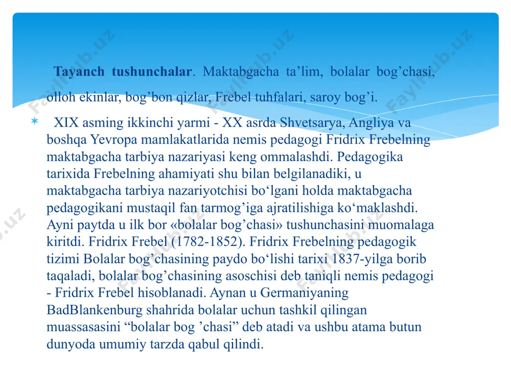 a didaktik o'yinlarni tashkil etish metodikalari bo'yicha ishlar olib borilgan. uning "detskiy sad" (1928 g), "razvitie rechi doshkolnika” (1937 g) nomli kitoblari maktabgacha yoshdagi bolalar tarbiyasi rivojiga katta hissa qo'shdi o’zbekistonda maktabgacha ta’limning yuzaga kelishi o’tgan asirning 10-20-yilllariga to’g’ri keladi .bu davirda turkustonda bolalarni gimnazuyaga kirishiga tayyorlovchi xususiy bolalar bog’chalari o’z faoliyatini yuritgan 1918- yilda toshkentning eski shahrida o’zbek bolalari uchun bolalar bog’chasi tashkil qilinadi . 1919-yilda samarqandda ham bog’chalar o’z faoliyatini boshlaydi .mehribonlik uylarida ham maktabgacha guruhlar tashkil etiladi . 1 926-yilga kelib maktabgacha ta’lim muassasalari jami 40 taga yetti . bolalar qamrovi 2000 ga yaqin bo’lgan 1919-yilda davlat siyosati va iqtisodiy holati munosabati bilam o’sib kelayotgan avlodning sog’lig’ini saqlash ,oziq –ovqat bilan ta’minlash masalalari bilan shug’ullanuvchi “bog’chalarni himoyalash kengashi “ tuzuladi . maktabgacha tarbiya birlashmalaraining metodik faoliyatini yagona markazlar tononidan boshqarishga ehtiyoj seziladi .1934-yilda toshkentda tuzulgan respublika maktabgacha tarbiya metodik xonasi shu vazifani bajaradi . mustaqillik yillariga kelib …