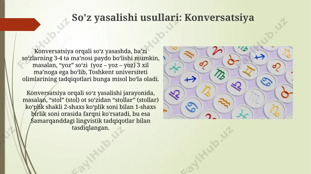 so'zdan) yoki "toshkentlik" (joy nomi bilan qo'shimcha). affiksatsiya usulida 10 dan ortiq turli qo'shimchalar yordamida yangi so'zlar yasaladi. masalan, otlarga qo'shilgan "-lik", "-chi", "-gar" qo'shimchalari yangi sifatlar yoki otlarni hosil qiladi. so'z yasovchi qo'shimchalarning semantik xususiyatlari so'z yasovchi qo'shimchalarning ma'noviy xususiyatlarini o'rganishda, 3 ta asosiy semantik guruh, ya'ni 1- nominal, 2-verbal va 3-adverbial qo'shimchalarni ajratish mumkin bo'lib, ularning har biri samarqand va buxoro shevalarida o'ziga xos xususiyatlarga ega. qo'shimchalarning semantik yukini aniqlashda, ularning so'zga qo'shilish usuli va hosil bo'layotgan so'zning grammatik kategoriyasi muhim ahamiyatga ega. masalan, "-chi" qo'shimchasi 5 ta turli ma'noda ishlatilishi mumkin, bu esa uning boy semantik potentsialini ko'rsatadi. e'tiboringiz uchun rahmat @taqdimot_robot image1.jpg image2.jpg image3.jpg image4.jpg image5.jpg image6.jpg image7.jpg image8.jpg image9.jpg image10.jpg image11.jpg image12.jpg image13.jpg