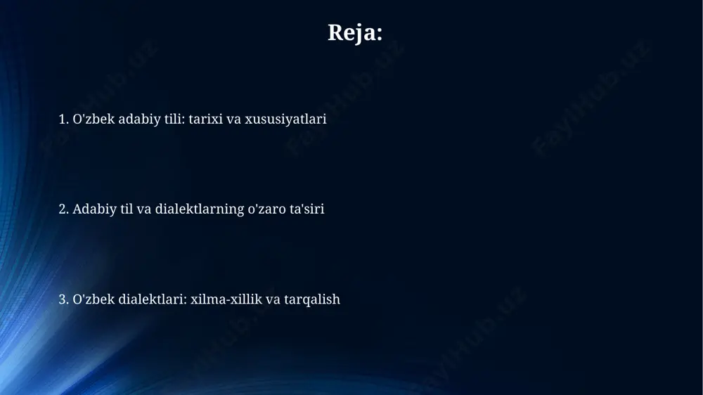 lariga rioya qilmaslik holatlarini keltirib chiqarmoqda. dialektlarning leksik xususiyatlari ayrim dialektlarda "qo'y" so'zi o'rniga "sur", "mol" o'rniga "tovar" kabi 2-3 xil sinonimik variantlar ishlatiladi. bu adabiy tildagi sinonimiya tizimidan farqlanadi. dialektlarda 10-20% gacha adabiy tilda ishlatilmaydigan so'zlar mavjud. bu so'zlar asosan mahalliy tabiat, hunarmandchilik va kundalik hayot bilan bog'liq bo'lgan leksik birliklardir. adabiy til va dialektlar oʻrtasidagi oʻzaro taʼsir adabiy til 1920-yillarda shakllangan boʻlib, dialektlardan soʻz boyligini oladi. masalan, "hovli" soʻzi ba'zi dialektlarda "dahliz" deb ataladi va adabiy tilga oʻtgan. adabiy til dialektlar orqali yangi grammatik shakllarni o'zlashtiradi. masalan, fe'lning kelasi zamon shakllari dialektlarda turlicha bo'lishi mumkin, 2-3 variant mavjud. dialektlarning fonetik xususiyatlari ba'zi dialektlarda adabiy tildagi "o" unlisi o'rniga "a" unlisi qo'llaniladi, masalan, "non" o'rniga "nan" deyiladi. bu fonetik o'zgarish 1-tip dialektlar uchun xarakterlidir. dialektlarning fonetik xususiyatlari oʻzbek adabiy tilining taʼrifi va xususiyatlari adabiy tilning yana bir muhim jihati – uning umumxalq tilining eng yaxshi namunalarini oʻzida mujassam etganligidir. …