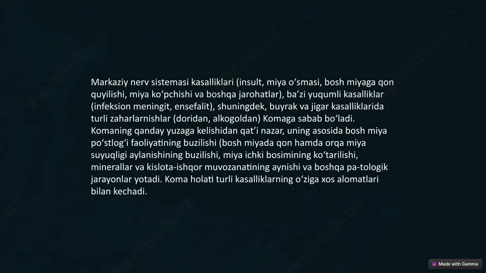 tishmovchiligi bilan jigarda glyukoneogenez kuchayadi, bu esa ortiqcha glyukoza ishlab chiqarishga olib keladi. shu bilan birga, lipoliz faollashadi, natijada keton tanachalari hosil bo'ladi. ushbu jarayonlar giperglikemiyaning rivojlanishiga, siydikda glyukoza paydo bo'lishiga, osmotik diurezga, suvsizlanishga va elektrolitlar muvozanatiga, xususan, giperkalemiyaga olib keladi, bu hujayralar ichida kaliy etishmovchiligi bilan birga bo'lishi mumkin. bu oxir-oqibat metabolik atsidozga olib keladi va ketoatsidozni xavfli va hayot uchun xavfli holatga aylantiradi. ketoatsidotik komaning davolash usullari suyuqlikni tiklash vena ichiga suyuqlik yuborish. insulin terapiyasi qand miqdorini kamaytirish uchun insulin yuborish. elektrolitlarni muvozanatlash kaliy va natriy kabi elektrolitlarni tiklash. 9 giperglikemik koma - bu qondagi glyukoza (shakar) ning g'ayritabiiy darajada yuqoriligi tufayli hayot uchun xavfli holat. bunday biokimyoviy falokatning bir nechta mumkin bo'lgan sabablari ma'lum va tavsiflangan - bu, masalan, yurak xuruji, insult, sitostatiklarni uzoq muddatli qo'llash fonida rivojlanishi mumkin - ammo, holatlarning mutlaq ko'pchiligi diabet bilan og'rigan bemorlarda qayd etilgan va "giperglisemik koma" atamasi ko'pincha "diabet" holatining …
