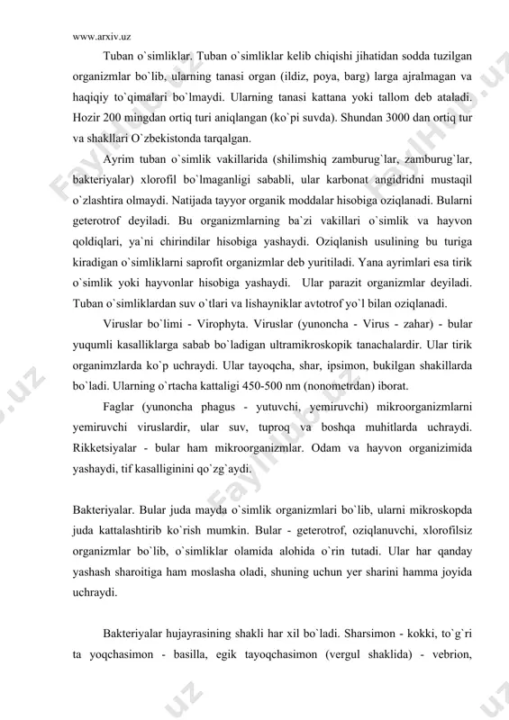 to`g`ri ta yoqchasimon - basilla, egik tayoqchasimon (vergul shaklida) - vebrion, spiralsimon - spirilla. bir hujayrali bakteriyalaridan tashqari koloniya bo`lib, yashovchi bakteriyalar ham bo`lib, ular alohida hujayralar, kokklar yig`indisidan iboratdir. ona hujayra bo`linganidan keyin, tarqab ketmay juft - juft bo`lib birikib qoladi. bu qo`shaloq shakillar diplokokklar deyiladi. bir tomonga bo`linishdan hujayra zanjirlari hosil bo`ladi. bularni streptokokklar deyiladi. ba`zi vaqtda hujayraning ko`p marta bo`linishidan hujayra to`dasi hosil bo`lib, ular uzum boshiga o`xshaydi va stofilokokklar deyiladi. ba`zan kokklar uchta o`zaro kesishadigan tekisliklarda ko`payib, bog`lanib qoyilgan tovar toylari singari shaklga kiradi. bu to`dalar sarsina deyiladi. ular aerob - kislorodli, anaerob - kislorodsiz sharoitda yashay oladi. qishda shahar havosida 1 m3 da 4,5 minggacha, yozda 10-25 minggacha bakteriyalar bo`lishi aniqlangan. bakteriyalar har 20-30 minutda bo`linib turadi. shu bo`linishda 1 sutkada 636 mln. dona hosil bo`lib, 33 m-ni tashkil qiladi. sharoit 3 kun saqlansa yer shari ekvator chizig`ini 14 marta o`rash uchun yetarli bo`lar ekan. …