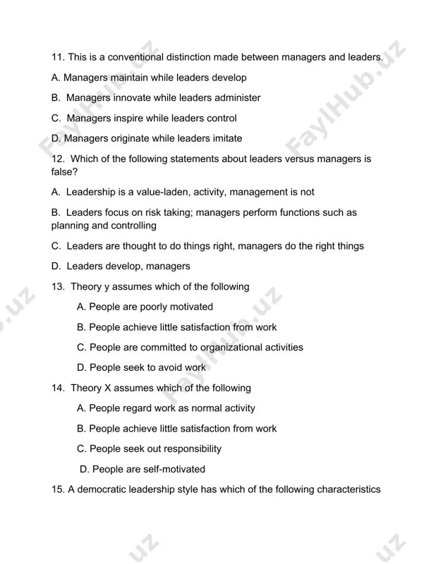and punishment motivate staff. b. seeks to ensure staffs understand issues facing the organization c. seeks to involve staff in the decision making process. d. believe success arises from leaders and staff working together 18. what is one characteristic about the authoritarian leadership style? a. a leader relies less on authority and more on themselves b. a leader accepts power and knowledge of the team members c. a leader tells others what to do d. the team members tell the leader what to do 19. which statement is characteristic of a laissez-faire leadership style? a. a leader gives opinion only when asked b. a leader takes charge c. everyone works together and participates together d. nobody gives any suggestions or instructions 20. what is not one characteristic of the democratic leadership style? a. leader asks before doing anything b. leader enforces and relies on discipline c. leader works together with …