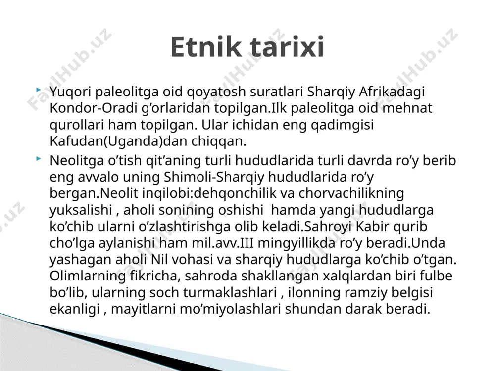 lari bushmenlar va pigmeylarda bo’lib , ularda pana hamda chaylalar terilar bilan yopilgan . uy - joylari janubiy afrika zuluslari uylari g’arbiy afrika ( gana ) uylari namibiya uylari janubiy sudan keniya ular ko’p bo’lmasdan sodda , primativ ko’rinishga ega . idishlarning ko’rinishi va ashyosi geografik muhit hamda aholining mashg’ulotlari bilan bog’liqdir . “kalabash” yoki “kalebas” butun afrika aholisi uchun umumiy qovoqdan yasalgan turli idishlar bo’lgan . idish – tovoqlari afrika milliy tarixiy idish - tovoqlari qopqoqli yashil maxsus idish afrika vilkasi ( african cutlery ) afrika o’ymakor qoshiq vilkasi ( salad uchun ) shohona kalabash taomlari lokal xususiyatlarga egadir . ularning uch turi mavjud : 1) bug’doy guruhi – o’rta yer dengizi va old osiyo chegaralari 2) suli-sorgo guruhi – g’arbiy , markaziy afrika , tanzaniya , madgaskar 3) sharqiy afrikadagi “ makkajo’xori “ guruhi . taomlari janubiy afrika milliy taomi malagas etnosi taomi (madagaskar , mali , chad) …