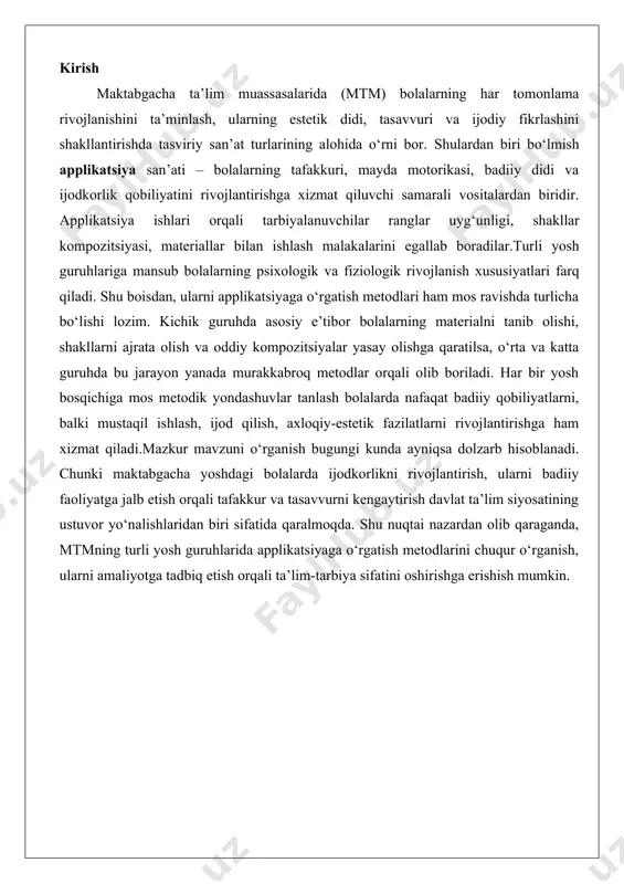 ni oshirishga erishish mumkin. mtmdagi yosh guruhlari va ularning rivojlanish xususiyatlari maktabgacha ta’lim muassasalarida (mtm) bolalarning yosh guruhlari ularning jismoniy, aqliy, ijtimoiy va hissiy rivojlanish xususiyatlariga qarab tashkil etiladi. har bir yosh guruhida bolalarning o‘ziga xos ehtiyojlari va qobiliyatlari mavjud bo‘lib, bu ta’lim jarayonini moslashtirishda muhim ahamiyatga ega. quyida kichik guruh (2-3 yosh), o‘rta guruh (4-5 yosh) va katta guruh (5-6 yosh) bolalarining rivojlanish xususiyatlari kengroq yoritiladi. kichik guruh (2-3 yosh) 2-3 yoshli bolalar maktabgacha ta’lim muassasasiga endigina kirib kelayotgan bo‘lib, ularning rivojlanishi asosan o‘z atroflarini kashf qilish va mustaqillikni rivojlantirishga qaratilgan. bu davrda bolalarning asosiy xususiyatlari quyidagilardan iborat: - jismoniy rivojlanish: bu yoshdagi bolalar katta va kichik motorik ko‘nikmalarni rivojlantirish jarayonida. ular qo‘llarini boshqarishni o‘rganmoqda, ammo nozik harakatlar (masalan, qaychi bilan kesish yoki mayda narsalarni ushlash) hali to‘liq shakllanmagan. ular yurish, yugurish va sakrash kabi oddiy harakatlarni bajarishga qodir, lekin koordinatsiya va muvozanat cheklangan. - kognitiv rivojlanish: bolalarning diqqati …