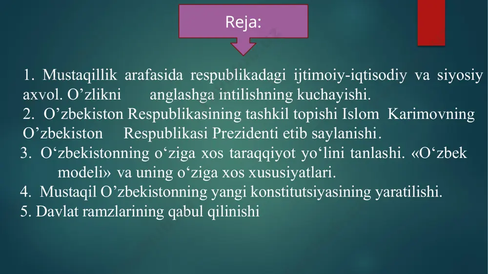 ovni o‘zbekiston respublikasi prezidenti lavozimiga saylangan deb hisoblashga qaror qildi. shunday qilib, mamlakatimizda birinchi marta yashirin ovoz berish yo‘li bilan o‘tkazilgan to‘g‘ridan-to‘g‘ri umumiy va alternativ asosdagi saylovda i.a. karimov 5 yil muddatga o‘zbekiston respublikasi prezidenti etib saylandi. o‘zbekiston respublikasi oliy kengashining 1992-yil 4-yanvarda bo‘lgan navbatdan tashqari ix sessiyasida prezident islom karimov so‘zga chiqib, o‘ziga bildirilgan ishonch uchun butun respublika xalqiga samimiy minnatdorchilik bildirdi va qasamyod qildi. mehnat faoliyatini 1960-yilda toshkent qishloq xo‘jalik mashinasozligi zavodida boshlagan. 1961-yildan 1966-yilgacha v.p. chkalov nomidagi toshkent aviatsiya ishlab chiqarish birlashmasida muhandis, yetakchi muhandis-konstruktor bo‘lib ishladi. 1966-yilda o‘zbekiston ssr davlat reja komitetiga ishga o‘tib, bosh mutaxassislikdan respublika davlat reja komiteti raisining birinchi o‘rinbosarigacha bo‘lgan yo‘lni bosib o‘tdi. 1983-yilda i. karimov o‘zbekiston ssr moliya vaziri, 1986-yilda o‘zbekiston ssr ministrlar soveti raisining o‘rinbosari, respublika davlat reja komitetining raisi etib tayinlanadi. 1986 – 1989-yillar mobaynida qashqadaryo viloyati partiya komitetining birinchi kotibi, 1989-yilning iyunidan boshlab o‘zbekiston kompartiyasi markaziy komitetining birinchi …