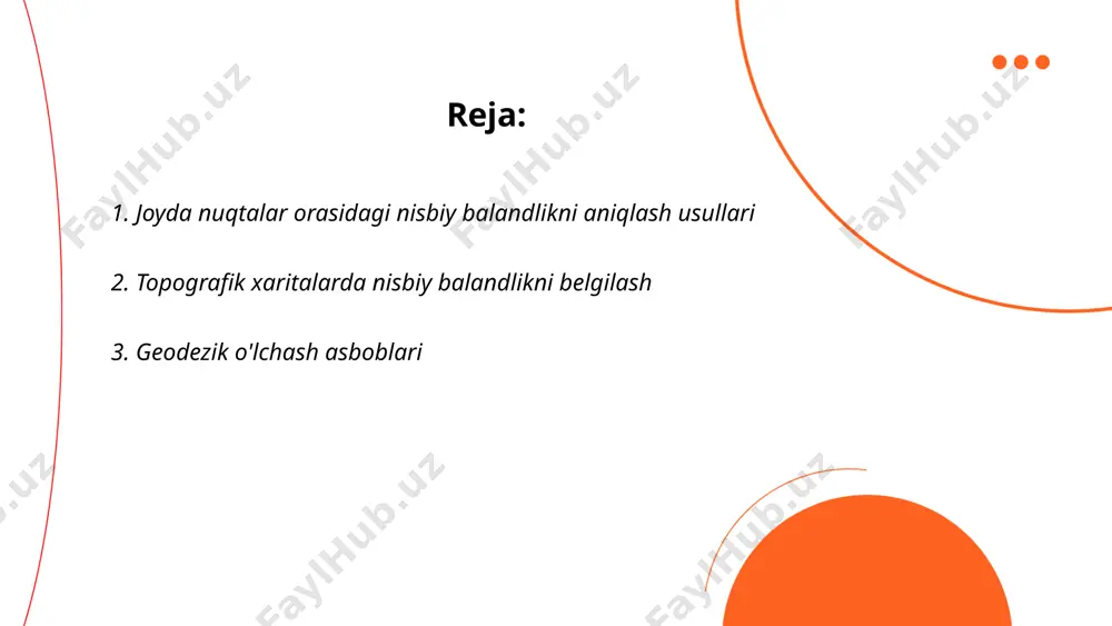 _bot geodezik o'lchash asboblari yer yuzasini o'lchash va xaritaga tushirishda foydalaniladigan qurilmalardir. asosiy geodezik asboblar qatoriga teodolit, nivo (nivelling instrument), taxograf va gps qurilmalari kiradi. teodolit burchaklarni aniqlash uchun ishlatiladi va taxminan 1 va 6 qismli sekundgacha aniqlik darajasiga ega. nivo tekislikni aniqlash yoki balandlik farqlarini o'lchashda qo'llanadi, aniqlik darajasi odatda millimetr bilan o'lchanadi. zamonaviy gps texnologiyalari ikki yoki undan ko'proq qabul qilish stansiyalari yordamida sub-santimetr darajasida o'lchovlarni amalga oshiradi. geodezik asboblar har xil vazifalar uchun qo'llanilib, qurilish, muhandislik va kartografiyada keng qo'llaniladi. ... t.me/slaydai_bot 4. nisbiy balandlikni hisoblash formulalari nisbiy balandlikni hisoblash geografiyada muhim ahamiyatga ega. bu ko'rsatkich bir nuqtaning atrofidagi boshqa nuqtalar bilan solishtirganda qanchalik baland yoki past ekanligini aniqlash uchun ishlatiladi. nisbiy balandlikni hisoblashning asosiy formulasi: \(h = h_{2} - h_{1}\), bu yerda \(h\) - nisbiy balandlik, \(h_{2}\) - balandroqda joylashgan nuqta balandligi, \(h_{1}\) - pastroqda joylashgan nuqta balandligi. misol uchun, agar bir tepalikning cho'qqisi dengiz sathidan …
