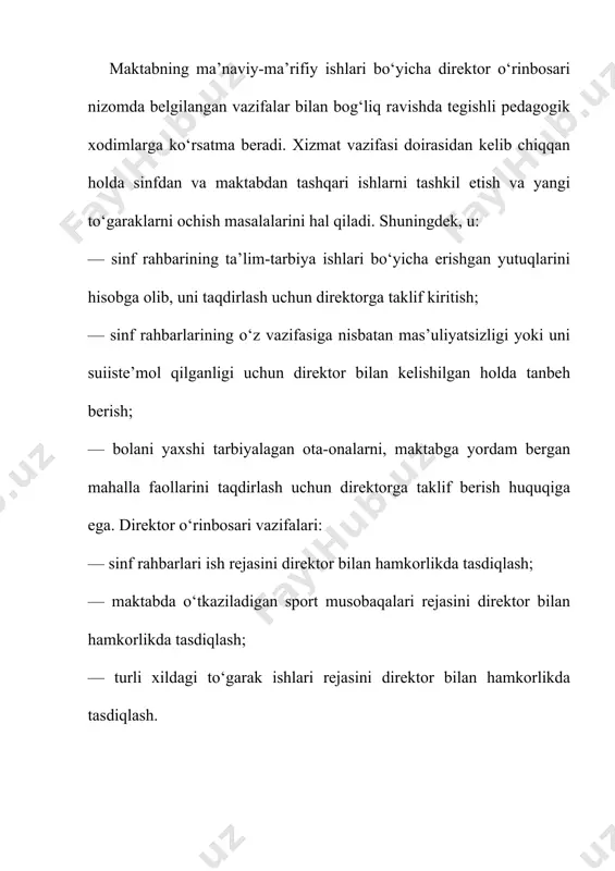 ga qaratilganligi bilan tavsiflanadi. buning uchun sinfdan va maktabdan tashqari tarbiyaviy ishlar tizimida quyidagilar bo‘lishi lozim: — ulg‘ayayotgan inson shaxsini tarbiyada oliy ijtimoiy qadriyat deb tan olish, har bir bolaning betakror va o‘ziga xosligini hurmatlash, ijtimoiy huquqini e’tiborda tutish; — milliylikning o‘ziga xos an’ana vositalariga tayanish; — pedagoglar va o‘qituvchilar o‘rtasida o‘zaro hurmat munosabatlarini shakllantirish; — maktabning jamoat tashkiloti, otaliq qiluvchi korxonalar bilan aloqasini mustahkamlash; — bolalar nazoratsizligi va qonun buzilishining oldini olish; — yashash joyi bo‘yicha bolalarning bo‘sh vaqtini tashkil etish; — o‘quvchilarning oilalariga borish va bolalarni tarbiyalashda ularga yordam berish; — yosh avlodning vatanga, jamiyatga va mehnatga, o‘ziga va odamlarga munosabatini anglab olishga qaratilgan axloqiy tuyg‘ularini tarbiyalash. tarbiyaviy ishlar bolalarning kundalik hayotidan olingan aniq dalillar va voqealarni, badiiy adabiyot, vaqtli matbuot, kinofilmlardan olingan misollarni tahlil etish hamda muhokama qilish asosida o‘tkaziladi. bu ishlarning xususiyati shundaki, bu bolalarni o‘zining axloqiy xatti-harakatlari haqida mulohaza yuritishga va ularga to‘g‘ri baho berishga …