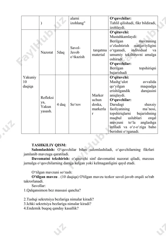 gormoni gipo- fizning gonadotrop gormoniga ta�sir etib, bolani vaqtidan oldin balog�atga yetishini sekinlashtiradi. epifiz funksiyasi bola yetti yoshga yetgunicha kuchayib boradi, keyin asta-sekin pasayib, balog'at davrida to�xtaydi. ayrisimon bez, ya�ni timus ko'krak qafasida, to�sh suyagining orqa yuzasida joylashgan. bez chaqaloqlarda 12 g, 14-15 yoshda 30-40 g gacha yetadi. keyin bola ulg�ayishi bilan kichiklashib boradi. bezning timozin gormoni jinsiy bezlar funksiyasini pasaytirib, bolani vaqtidan oldin balog�atga yetishiga imkon bermaydi. bez funksiyasi buzilganida barvaqt balog�atga yetish (8�10 yoshda soqol chiqishi, ko�krak bezlari rivojlanishi) kuzatiladi. timozin limfotsitlar hosil bo�lishini kuchaytirib, immun sistema shakllanishiga ijobiy ta�sir etadi. buyrakusti bezlari. buyrakusti bezlari o�ng va chap buyrak ustida joylashgan, birmuncha yassilashgan piraxnidalar shakliga ega. har bir bez tashqi po�stloq va ichki mag'iz qismlardan iborat. bezlarning po�stloq qismi suv, tuz, oqsil va uglevodlar almashinuviga ta�sir ko�rsatadigan gormonlar ishlab chiqaradi. androgen va estrogen gormonlari jinsiy bezlar faoliyatini kuchaytiradi. buyrakusti bezi shish kasalligida jinsiy gormonlar ishlab chiqarilishi kuchayib, yosh …