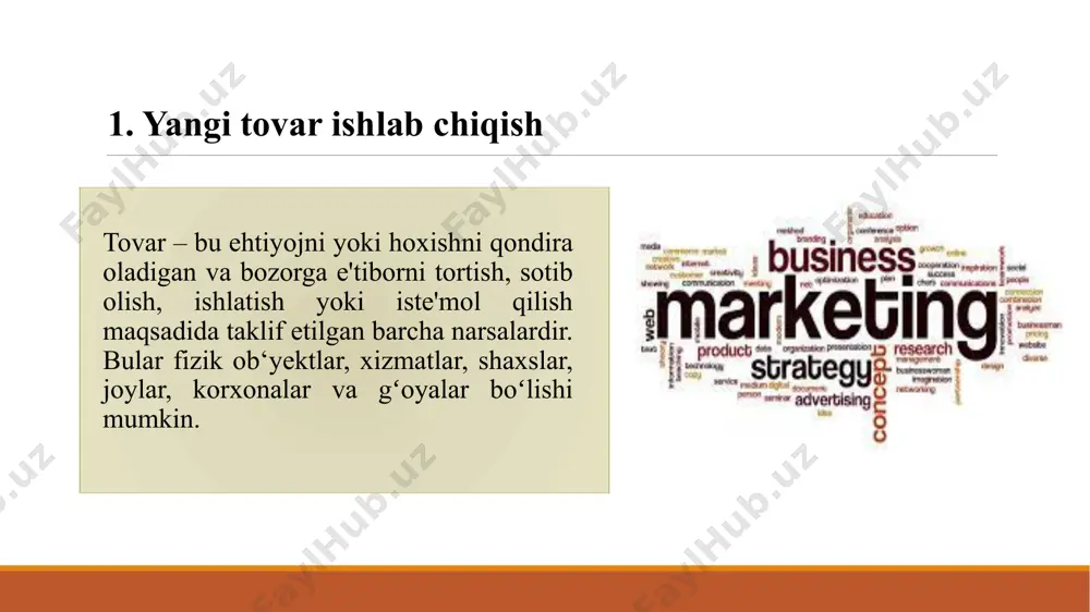 jadallashtirish yangi xaridorlarni qidirish raqobatchilarni sindirish tovarni iste'mol sohasini kengayishi bozorni rivojlantirish strategiyasi yangi bozorlar yangi sotish hududlari xalqaro bozorlar tovarni ishlatilishini yangi sohalarini tuzish yangi tovarni rivojlantirish uz kuchi bilan yangi tovar ishlab chiqarish bitimlarni rivojlantirish lisenziya maxorat bilan ayirboshlash diversifikasiya gorizontal vertikal konsentrik «tovar-bozor» matrisasi tovar innovasiyasi jarayoni 6 bosqichni oʻz ichiga oladi: yangi tovar haqida gʻoyani qidirish; gʻoyani tanlash; yangi tovar gʻoyasini tijoratlashuvini iqtisodiy tahlili; tovarni ishlab chiqish; bozor sharoitida uni tajribadan oʻtkazish; tovarni bozorga qoʻllash. 2. savdo markalarini boshqarish professional brending - sotuvni ragʻbatlantirish boʻyicha aksiyalar oʻtkazish, reklama dalillari, tovar oʻrovi dizaynini ishlab chiqish, ya'ni iste'molchiga ta'sir etish boʻyicha barcha marketing vositalari toʻplamidan foydalanish boʻyicha koʻp strukturali, asoslangan, toʻgʻriligi tekshirilgan va nazorat qilinadigan tadbirlar kompleksi. raqobat koʻlamining kengayishi; ishlab chiqaruvchilar va sotuvchilarning ishlab chiqarilayotgan va sotilayotgan tovarlarga potensial iste'molchilarni jalb qilishga intilishi; mavjud xaridorlarni ushlab qolish zarurati; xarid haqida qabul qilinadigan qarorlarning 85%ga yaqini vizual axborotga …