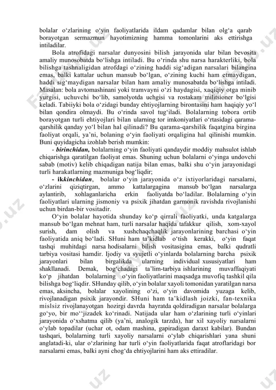 psixik hodisa desa bo‘ladi. bolaning kamol topishida qiziqishning ahamiyati shundaki, bola qiziqqan narsasini mumkin qadar chuqurroq bilishga intiladi va uzoq vaqt davomida qiziqqan narsasi bilan shug‘ullanishdan zerikmaydi. bu esa o‘z navbatida bolaning diqqati hamda irodasi kabi muhim xislatlarni o‘stirishga va mustahkamlashiga yordam beradi. 3-7 yoshli bolalarning psixik rivojlanishida badiiy-ijodiy faoliyat turi bo‘lgan musiqaning ahamiyati ham juda kattadir. musiqa orqali bolalar ashula aytishga, musiqa ohangiga mos ritmik harakatlar qilishga o‘rganadilar. 4.2. maktabgacha yoshidagi bolalar o‘yinining psixologik xususiyatlari ma’lumki, bolaning yoshi ulg‘ayib, mustaqil harakat qilish imkoniyati oshgan sari, uning atrofidagi narsa va hodisalar bo‘yicha dunyoqarashi kengayib boradi. maktabgacha yoshdagi bolalarning etakchi faoliyati o‘yindir. bu yoshdagi bolalarning o‘yinlarini uchga bo‘lish mumkin: 1)predmetli o‘yinlar(15-20 minut o‘ynaladi); 2)syujetli-rolli o‘yinlar (30-60 minut o‘ynaladi); 3) qoidali o‘yinlar (1soatdan -2kungacha davom etishi mumkin). bog‘cha yoshidagi bolalarning o‘yin faoliyatlari masalasi asrlar davomida juda ko‘p olimlarning diqqatini o‘ziga jalb qilib kelmoqda. bog‘cha yoshidagi bolalar o‘zlarining o‘yin faoliyatlarida ildam qadamlar bilan …