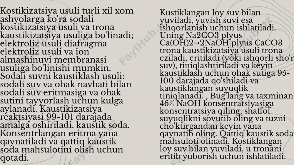 ustik soda mahsuloti sifatida ishlatilishi mumkin yoki tayyor kaustik soda mahsulotini olish uchun qo'shimcha qaynatiladi. uning 2nacl plyus 2h2o→2naoh plyus h2↑ plyus cl2↑. kaustik soda kaustik soda nima uchun ishlatiladi? natriy gidroksidi (naoh) sifatida ham tanilgan kaustik soda ko'p qirrali kimyoviy birikma bo'lib, turli sanoat va jarayonlarda qo'llanilishini topadi. kuchli gidroksidi xossalari va turli birikmalar bilan reaksiyaga kirishish qobiliyati tufayli bu juda korroziyali modda keng qo‘llanish doirasiga ega. kaustik soda ishlab chiqarishdan tortib tozalashgacha kundalik hayotimizda hal qiluvchi rol o'ynaydi. ushbu keng qamrovli maqolada biz kaustik sodaning turli xil qo'llanilishini ko'rib chiqamiz va uning samaradorligi ortidagi fanni o'rganamiz. kaustik sodaning asosiy kimyosi kaustik sodaning asosiy kimyosini tushunish uning qo'llanilishini tushunish uchun juda muhimdir. kaustik soda suvda eriganida, u gidroksid ionlarini (oh-) chiqaradi, bu uni tabiatda juda ishqoriy qiladi. ushbu gidroksid ionlari gidroksidi sodaning korroziy xususiyatlari uchun javobgardir. shunday qilib, kaustik soda ma'lum moddalar bilan aloqa qilganda, u reaksiyaga kirishadi va …