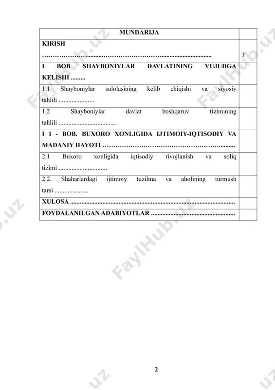 n islohotlar va yurishlar butun mintaqaning geosiyosiy manzarasiga katta ta’sir ko‘rsatgan. kurs ishi mavzusining dolzarbligi shundaki, hozirgi kunda o‘zbekiston mustaqilligi sharoitida o‘z tarixini chuqur o‘rganish, milliy o‘zlikni anglash, tarixiy merosni tahlil qilish muhim ahamiyat kasb etadi. shayboniylar sulolasi davrida buxoro xonligi iqtisodiy jihatdan mustahkamlanib, savdo aloqalari kengaydi, ilm-fan va madaniyat rivojlandi. ayniqsa, madrasa va masjidlar qurilishi, tarixiy obidalar barpo etilishi bu davrning madaniy yuksalish davri sifatida qaralishiga sabab bo‘ldi. shayboniylar hukmronligi davri o‘zbek davlatchiligi tarixida muhim o‘rin tutib, bu davrning o‘rganilishi nafaqat tarixiy ahamiyatga ega, balki bugungi kunda ham dolzarb masalalardan biri hisoblanadi. chunki bu davrda shakllangan davlat boshqaruvi tizimi keyingi davrlarga ham katta ta’sir ko‘rsatgan. shayboniyxon o‘z davrida temuriylar davlati merosini o‘ziga moslashtirib, markaziy osiyo hududida yagona davlat tuzishga erishdi. uning yurishlari natijasida samarqand, buxoro va boshqa shaharlarda markazlashgan davlat boshqaruvi tizimi yo‘lga qo‘yildi. bu davrda ziroatchilik, hunarmandchilik va savdo rivojlanib, karvon yo‘llari tiklandi, bu esa xonlik iqtisodiyotining rivojlanishiga …