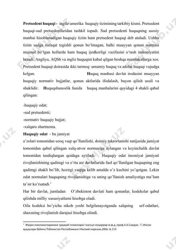 og’iston respublikasi hududida ijrosini ta’minlashga qaratilgan. · davlat hokimiyati mahalliy ijroiya organlarining qarorlari. · mustaqil o’zbekiston davlatining huquq manbalari ichida xalqaro huquqning umum e’tirof etgan prinsiplari va normalari asosiy manba sifatida ustundir. xalqaro huquqning umume’tirof etgan prinsiplari va normalari xalqaro huquqning asosiy qoidalari bo’lib, xalqaro huquqning barcha sub’ektlari tomonidan tan olingan va bajarmaslikka yo’l qo’yilmaydi. xalqaro shartnoma xalqaro huquqning ikki yoki bir necha sub’ekti tomonidan qabul qilingan bitim bo’lib, huquq va majburiyatlarni belgilovchi, o’zgartiruvchi yoki bekor qiluvchi hujjatdir. o’zbekiston respublikasi siyosiy, iqtisodiy, huquqiy va maxsus masalalar bo’yicha bir necha ming xalqaro shartnomalar tuzgan. 1995 yilda “o’zbekiston respublikasining xalqaro shartnomalari to’g’risida”gi qonuni qabul qilingan. huquqiy davlatda davlat normativ hujjatlarining amal qilishida subordinatsiyaga rioya qilinishiga katta ahamiyat beriladi. unda huquq manbalari, ya’ni normativ hujjatlarning qat’iy bo‘ysundirilgan tizimi shakllanadi, amal qiladi va rivojlanadi. bu tizimda har bir aktning o‘rni uning yuridik kuchiga bog‘liq bo‘ladi. mazkur tizim, ifodali qilib aytganda, huquqiy manbalar «ehromi»ning cho‘qqisi …
