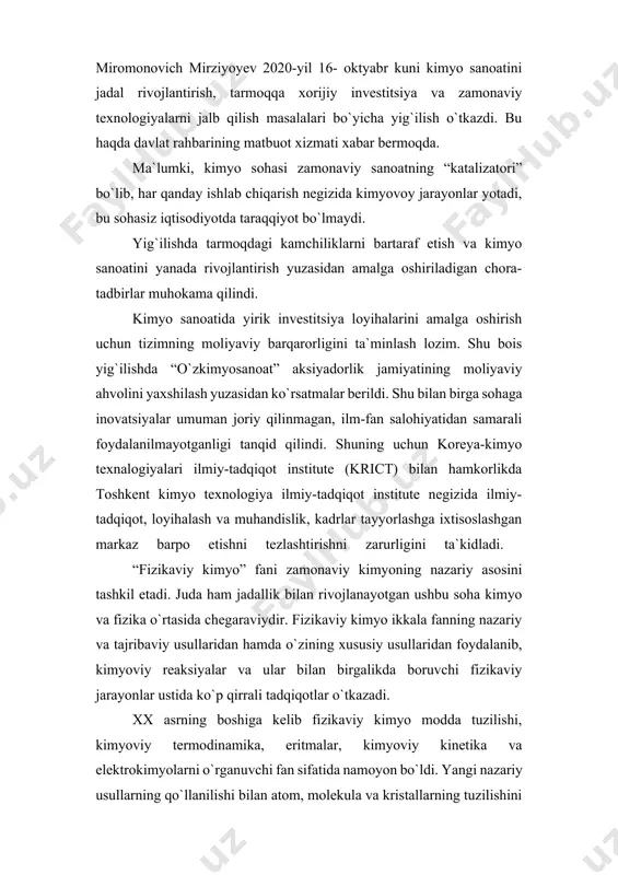 sababli ham, fizikaviy kimyo fan sifatida eritmalar nazariyasining yaratilishi natijasida vujudga kelgan. fizik-kimyoviy nuqtai nazardan eritma deganda nima tushuniladi? eritma kamida ikkita moddadan (komponentdan) iborat bo`ladi, denak, eritma bir necha moddaning aralashmasidir. lekin har qanday aralashma ham eritma bo`la olmaydi. “fizikaviy kimyo” kursining ushbu bo`limida biz suyuqliklardagi, asosan, suvdagi eritmalarni o`rganamiz. suyuqliklar labil, ya`ni harakatdagi muvozanatning mavjud bo`lishi bilan tavsiflanadi. harorat pasayishi bilan bunday agregatlarning barqarorligi ortadi va kristallanish harorati yaqinida suyuqliklar kvazikristall tuzilishga ega bo`lib qoladi. suyuqliklar bilan qattiq jismlar orasidagi o`xshashlik energetik nuqtai-nazardan ham tasdiqlanadi. eritmalarning xossalari ularning tarkibiy qismlari tabiatiga hamda miqdoriga ya`ni eritmaning tarkibiga bog`liqligini o`rganishda termodinamika usulidan foydalaniladi har bir suyuq va qattiq jism biror haroratda o`ziga xos qiymatdagi bug` bosimiga ega bo`ladi. eritmalar bug`i bosimini ko`rib chiqishda , avval, uchuvchan bo`lmagan, ya`ni odatdagi haroratda bug` hosil qilmaydigan moddalardan foydalanamiz. biz bu bobbda eritmalarning xossalari, eritma nazariyalari va hokazolar bilan tanishib chiqamiz. kurs ishimizning mavzusi …