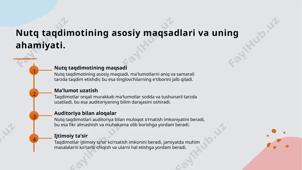 yaratarak, ta'lim jarayonini yaxshilaydi. 2 professional taqdimotlar professional sohalarda taqdimotlar, ish jarayonlarini yoki loyihalarni taqdim etishda zarur. ular tahliliy va strategik fikrlashni talab qiladi, shuningdek, muhim ma'lumotlarni aniq yetkazish zarur. 3 o'ziga xos uslublar har bir taqdimot turi o'ziga xos uslublarga ega. ta'limda ko'proq interaktivlik, professional sohalarda esa aniq va maqsadga yo'naltirilgan yondashuv muhimdir. interaktiv taqdimotlar: o'quvchilar bilan muloqotning ahamiyati. 1 interaktivlikning ahamiyati - interaktiv taqdimotlar, o'quvchilar bilan muloqotni kuchaytirib, ularning diqqatini jalb qiladi va o'rganish jarayonini samaraliroq qiladi. 2 o'quvchilar ishtiroki - o'quvchilar taqdimotda faol ishtirok etganda, ularning fikrlari va savollari taqdimotni yanada boyitadi, bilimni chuqurlashtiradi. 3 texnologiyalardan foydalanish - zamonaviy texnologiyalar, masalan, onlayn so'rovlar va interaktiv vositalar, o'quvchilar bilan muloqotni osonlashtiradi va taqdimot jarayonini qiziqarli qiladi. vizual taqdimotlar: ma'lumotlarni samarali yetkazish usullari. 1 vizual elementlar vizual elementlar taqdimotda muhim rol o'ynaydi. ular ma'lumotlarni tez va oson tushunishga yordam beradi, auditoriyaning e'tiborini jalb qiladi. 2 raqamli vositalar raqamli vositalar, …