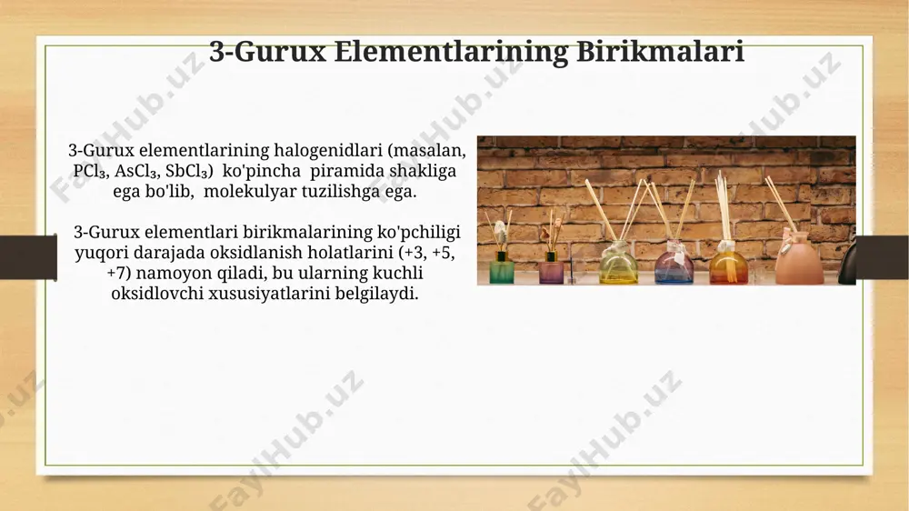 3-gurux elementlarining atom radiusi davriy jadvalda pastga tushib borishi bilan ortadi, chunki elektron qobiqlarining soni ko'payadi va yadrodan masofa uzoqlashadi. borning ahamiyati va qo'llanilishi bor karbid (b4c) kabi birikmalari o'ta yuqori qattiqlikka ega bo'lib, 9,3 mohs shkalasi bo'yicha qattiqlikka ega va abraziv materiallar sifatida ishlatiladi. borning 10,811 amu atom massasi bilan davriy jadvalning 5-guruhiga mansub bo'lib, yarim o'tkazgichlar va yuqori mustahkamlikka ega materiallar ishlab chiqarishda keng qo'llaniladi. 3-gurux elementlarining ta'rifi bor, alyuminiy, galliy, indiy va talliy kabi 5 ta element 3-guruxga kiradi va ularning metall xossalari yuqoridan pastga qarab kuchayadi, bu esa ularning qo'llanilishini belgilaydi. 3-gurux elementlarining atom radiusi yuqoridan pastga qarab ortadi, bu esa ularning kimyoviy xossalariga ta'sir qiladi va birikmalar hosil qilish reaktivligini o'zgartiradi. e'tiboringiz uchun rahmat @taqdimot_robot image7.jpg image8.jpg image9.jpg image10.jpg image11.jpg image12.jpg image13.jpg image14.jpg image15.jpg image16.jpg image17.jpg image18.jpg image3.png image4.png