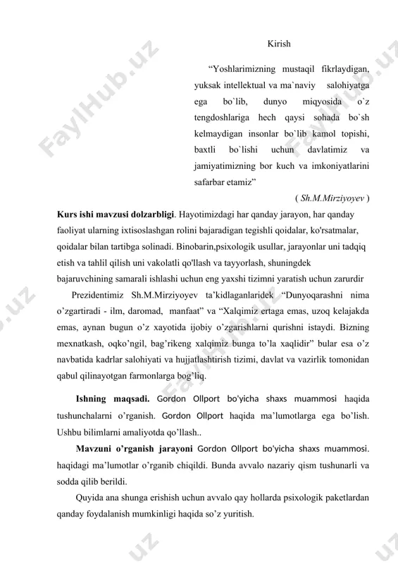 da olport nazariyasiga umumiy tasavvur. shaxs xususiyati tizimini fe‘l-atvor pozitsiyasi doirasida o’rganish alternativ tipologiyadir (eslatib o‘tamiz, insonning uziga xos bulgan va turli vaziyatlarda namoyon bo‘ladigan sifatlari fe‘l-atvor deyiladi. ya‘ni fe‘l-atvor to‘g’risida fakat xolatlararo barqarorlik xolatlarida so‘zlash mumkin: axir xar bir inson xayoti davomida bir bora bo‘lsa, mexribon, xalol, oliyjanoblik deb nomlansa bo‘ladigan xarakatlar qiladi, lekin bu uning kelajakda doimo shunday bo‘ladi degani emas. bunda barcha guruxlar uchun emas, balki xususiyatlari boshqalardan ajralib turadigan aloxida insondagi fe‘l-atvorni ifodalaydi. agar shaxsni gurux portreti bilan taqqoslaganda, fe‘l-atvor - ko‘proq umumlashtirilgan obraz doirasidan chiqadigan xarakteristikaga va konkret sub‘ekning mantiqiy xulq-atvoriga amal qilinadi. shuning uchun tipologik yondashuv ko‘pgina tandiqlarga uchragani ajablanrali emas, fe‘l-atvor nazariyasi esa shaxsga idiografik yondashuvga asos solgan g.ollport orqali ishlab chiqilgan. ollport tipologik yondashuvni tanqid qilib «xar kanday tipologiya butun shaxs tizimida qandaydir segmentning ajralib chiqishiga va shu segmentga o‘ziga xos bo‘lmagan darajada axamiyat berilishi asoslanadi. barcha tipologiyalar chegara o‘rinsiz joyda o‘rnatadi. …