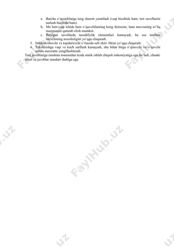 ga qaraganda sovuqqon va ob’ektivdir). o’quvchi bilimi, malaka va mahoratini tekshirish va baholash ta`lim jarayonining muhim vazifasi va butun o’quv yili davomida olib boriladi. qanday yechilayotganiga, ya`ni o’quvchi qanday bilimga, malaka va mahoratga, dunyoqarashi va axloqiy-estetik qarashlar hamda ijodiy faoliyatiga ega ekanligiga e`tibor qaratish muhim. asl mohiyati yana o’quvchini o’qishga qanday munosabatda bo’lishiga, qanday shug`ullanyapti va hokazoalarga bog`liq. bularning barchasi bilimni tekshirish va baholashning turli metodlarini qo’llash zarurligini ko’rsatadi. informatika bo’yicha bir davrda o’quvchilar bilimini joriy nazorat qilish turlarining ko’rib chiqamiz: og`zaki so’rov, uy ishi, o’quvchilarning o’quv faoliyatini kuzatish, laboratoriya ishi nazoratining ijodiy shakli va boshqalar. o’quvchilar bilimini nazorat qilishning qiziqarli shakllarini ham taklif qilish mumkin. o’quvchilar bilimini nazorat qilish, tekshirish va baholash darsi - bunda o’quvchilar turli xildagi sinov va nazorat, og`zaki va yozma ishlarni bajaradilar. bu darslarda keyingi paytlarda testlash usuli va reyting tizimi keng qo’llaniladi misol sifatida «informatika» fani bo’yicha o’quvchilarning bilimini nazorat qilish uchun har xil …
