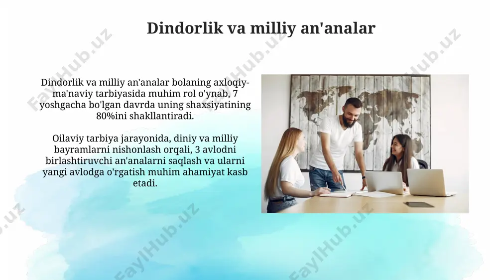 oilada olingan 3 ta asosiy bilim – ona tili, milliy anʼanalar va axloqiy qadriyatlar – bolaning oʻzligini anglashi va milliy identifikatsiyasining mustahkam poydevorini yaratadi. oilaviy tarbiya shaxsning 5 yoshgacha boʻlgan davrida uning asosiy qadriyatlari va xulq-atvor meʼyorlarini shakllantirishda 90% ga yaqin taʼsir koʻrsatadi, bu esa kelajakdagi ijtimoiy moslashuvchanligini belgilaydi. millat urf-odatlari, qadriyatlari va an'analari urf-odatlarning saqlanishi va rivojlanishi, an'anaviy bayramlar (masalan, navro'z) orqali, jamiyatning milliy birdamligini mustahkamlaydi va kelajak avlod uchun 20 dan ortiq qadriyatni o'zida mujassamlashtiradi. millatning urf-odatlari, qadriyatlari va an'analari 3 avloddan ortiq davom etib, oilaviy tarbiyaning mustahkam poydevorini tashkil etadi va 50 dan ortiq xalq og'zaki ijod namunalarida aks etadi. zamonaviy tarbiya uslublari va an'analar oilaviy qadriyatlar va milliy an'analarni o'z ichiga olgan 10 ta asosiy tarbiya tamoyillarini belgilash va ularni maktab o'quv dasturiga integratsiya qilish, o'quvchilarning milliy ongiga ijobiy ta'sir ko'rsatishi mumkin. zamonaviy tarbiya usullarida, masalan, o'yin terapiyasi yoki san'at terapiyasi kabi 5 dan ortiq turdagi …