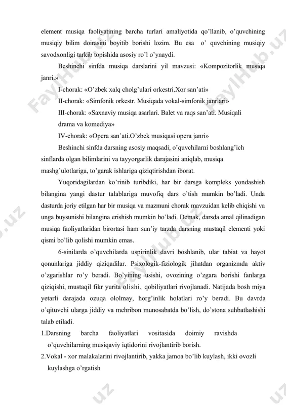 rsda amal qilinadigan musiqa faoliyatlaridan birortasi ham sun’iy tarzda darsning mustaqil elementi yoki qismi bo’lib qolishi mumkin emas. 6-sinilarda o’quvchilarda uspirinlik davri boshlanib, ular tabiat va hayot qonunlariga jiddiy qiziqadilar. psixologik-fiziologik jihatdan organizmda aktiv o’zgarishlar ro’y beradi. bo’yining usishi, ovozining o’zgara borishi fanlarga qiziqishi, mustaqil fikr yurita olishi, qobiliyatlari rivojlanadi. natijada bosh miya yetarli darajada ozuqa ololmay, horg’inlik holatlari ro’y beradi. bu davrda o’qituvchi ularga jiddiy va mehribon munosabatda bo’lish, do’stona suhbatlashishi talab etiladi. 1.darsning barcha faoliyatlari vositasida doimiy ravishda o’quvchilarning musiqaviy iqtidorini rivojlantirib borish. 2.vokal - xor malakalarini rivojlantirib, yakka jamoa bo’lib kuylash, ikki ovozli kuylashga o’rgatish 3.musiqa idrokini rivojlantirish va asarlarni tuzilishi, shakli, ladi, mualliflari, tempi haqida fikr yuritishga o’rgatish va estetik zavqlanish vositasida xotirasi, nutqi, dunyoqarashini o’stirish. 4.musiqa savodidan, oddiy musiqa terminlarini va atamalarini mohiyatini musiqa amaliyotida bilish va har bir musiqa asarida kuylab borish. quyidagi diapazondagi bir va ikki ovozli ashulalarni aytish: birinchi ovoz do1 mi …