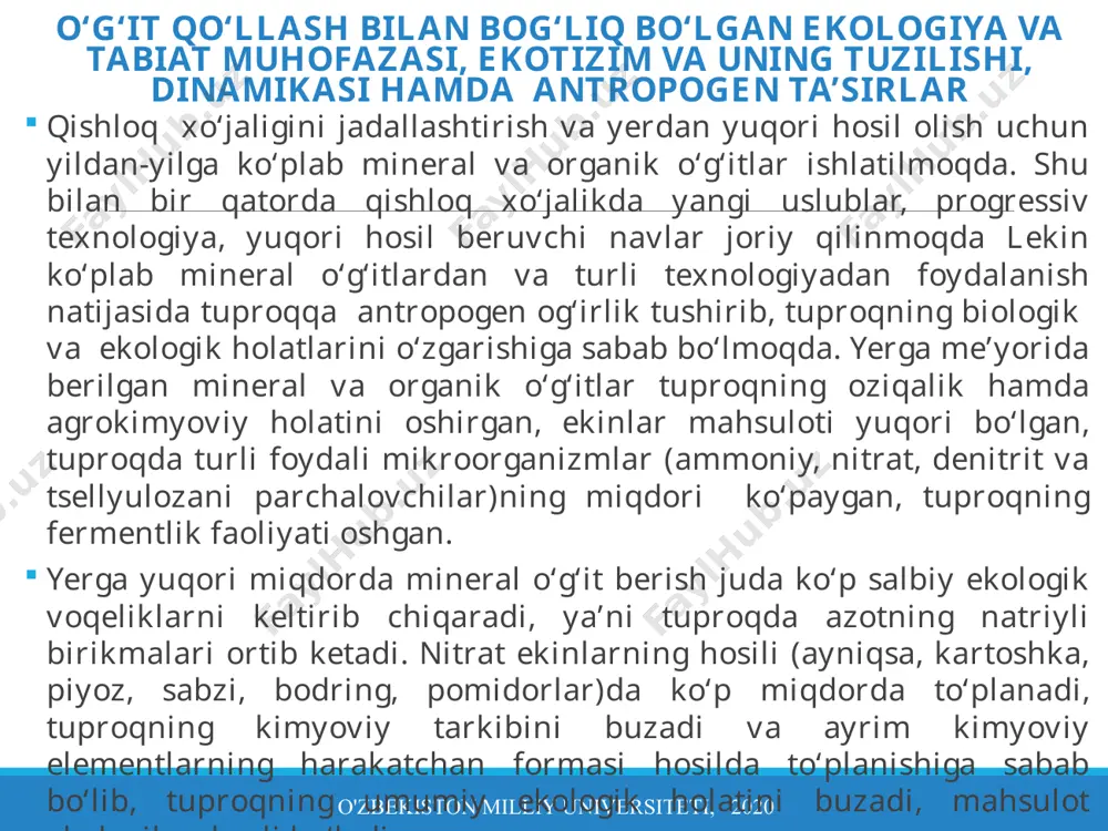 ordagi o‘simliklarning poyasi nimjon bo‘lib, tanasi poyasini ko‘tara olmasdan yotib qoladi, bu holda ekinzorning hosili past, ikkinchi tomondan tuproqda turli tuzlar miqdori ortib ketadi. uchinchidan, mikroorganizmlar qabul qilib to‘playdigan molekulyar azot, organik azot birikmasiga aylanishga ulgurmasdan, atmosferaga qaytib chiqib ketadi. demak, yerga doim ko‘plab mineral o‘g‘it berish natijasida tuproqda bo‘lib o‘tadigan mikrobiologik jarayonlar va o‘simliklarning oziqlanish rejimi buziladi, tuproq unumdorligi pasayadi, ekinlardan kam hosil olinadi. lekin mineral va organik o‘g‘it birgalikda qo‘llanilganda tuproqda mikroorganizmlar yaxshi rivojlanadi va ularning faoliyati kuchayadi. shuning uchun ham tuproqning agrokimyoviy holatlari va uning bioekologik faoliyatini birlikda qaramoq kerak. shunday qilib, ekin maydonlaridan olinadigan hosil tuproqning biologik holati, unumdorligi, o‘simlik navining xususiyatlari, ma’lum tuproq sharoiti, navning ekologik moslashishi hamda tuproqda o‘tadigan mikrobiologik jarayonlarga bog‘liqdir. o'zbekiston milliy universiteti, 2020 o‘g‘it qo‘llash bilan bog‘liq bo‘lgan ekologiya va tabiat muhofazasi, ekotizim va uning tuzilishi, dinamikasi hamda antropogen ta’sirlar olimlarning ko‘p yillar davomida olib borgan tadqiqot ishlari natijalarining ko‘rsatishicha, chimli …
