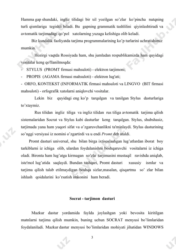 ing amaliy dasturlari menyusiga deyarli o’xshash. farqlanish perevod va clovari bo’limlarida mavjud bo’lib socrat dasturining umumiy ko’rinishi. bu yerda tarjima qilish uchun lug’atlar majmuasi berilgan, undan tarjima qilish usuli tanlanadi. menyu quyisida joylashgan uskunalar paneli yordamida zaruriy vazifalar tez va o’ng’ay amalgam oshirilishi mumkin. socrat dasturining ma’lumot paneli vid bo’limidagi informatsionnaya panel mazkur panelni darchaning pastki qismda hosil qiladi. ma’lumot paneli tarkibiga uchta qo’yilma kiradi va ular “sichqoncha” ning o’ng tugmasini bosish orqali chiqariladi. ishlatiluvchi lug’atlar tarjima qilishda foydalanishimiz mumkin bo`lgan va kompyuter xotirasidagi mavjud lug`atlar ro`yxatini keltiradi. tanish bo`lmagan so`zlar qo`yilmasi mavjud lug`atlarda aniqlanmagan noma`lum so`zlar ro`yxatini beradi. bu so`zlarni tarjima qilmasdan zaxirada saqlash uchun zarezervirovanniye slova qo`yilmasiga o`tqazildi. zarezervirovanniye slova qo’yilmasida tarjima qilinishi zarur bo’lmagan (masalan windows) so’zlar ro’yxati saqlanadi. hujjatni tarjima qilish 1. fayl menyusida ochish bandini tanlang. tarjima uchun hujjat turli xil formatlarda berilishi mumkin va ular kompyuter uchun qulay formatlarda o’tkaziladi . 2. ochish muloqotli …