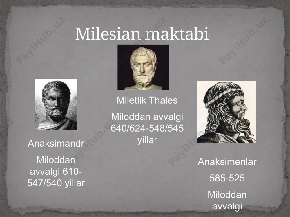 omlardan iborat; sezgi organlarida kichik atomlar tashqi dunyoga yaqinroq; his-tuyg'ularga foydali va zararli prizmasi orqali qaraladi. ishlari : yozuvchining 70 ga yaqin asari tilga olingan bo‘lib, ulardan birortasi ham bizgacha yetib kelmagan. “dononing ma’naviy tabiati haqida”, “ezgulik haqida”, “tuyg’ular haqida”, “shakllar farqi haqida”, “aql haqida”, “mantiq haqida”, “ritm va uyg’unlik haqida”, “she’riyat haqida”. , "tibbiyot fani", "diyet haqida", "rassom haqida" va boshqalar. sokrat. suqrot ( miloddan avvalgi 469 - 399 yillar ) falsafada burilish yasagan qadimgi yunon faylasufi - tabiat va dunyoni ko'rib chiqishdan, insonni hisobga olishgacha. ishlari : suqrot o'z fikrlarini og'zaki, turli shaxslar bilan suhbatlarda ifodalagan; bu suhbatlarning mazmuni haqida uning shogirdlari aflotun va ksenofont asarlaridan ma’lumot oldik. dunyoqarash tushunchalari : uchta fazilat: mo''tadillik, jasorat, adolat; ruh - shaxsning aqliy fazilatlari; yutuqlari : birinchi psixoterapevt; mayevtikaning ishlab chiqilgan usullari (mohir savollar yordamida odamda yashiringan bilimlarni o'rganish) platon. aristokl ( aflotun ) ( miloddan avvalgi 427 - 347 yillar …