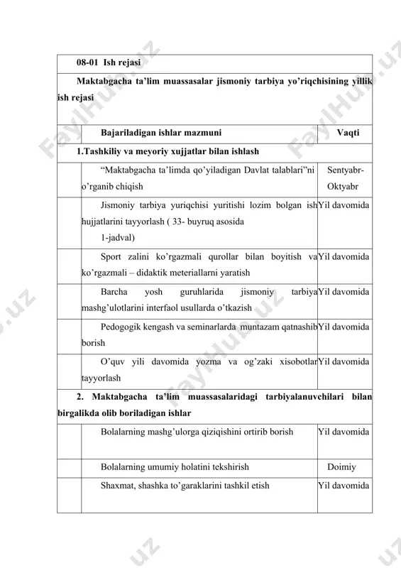 gilangan umumiy rivojlanish mashqlarining mazmuni mashg‘ulotning asosiy maqsadiga bo‘ysundiriladi, u bolani asosiy mashqlarga tayyorlamog‘i lozim. yosh guruxlari uchun tuzilgan rejada haftasiga ikki marta o‘tkaziladigan mashg‘ulotdan faqat bittasining mazmuni berilgan. bu rejalashtirishda birmuncha o‘zgartirishlar bo‘lishi uchun kerakli erkinlikni ta’min etadi. ikkinchi mashg‘ulot birinchi mashg‘ulotning mazmunini to‘la takrorlashi ham mumkin. bolalar o‘tgan mashg‘ulotlarda o‘rgangan harakatlarni takrorlab, faol ravishda mashq qilib olishlariga imkon yaratish uchun shunday qilinadi. ba’zan ikkinchi mashg‘ulotning mazmuni qisman o‘zgartiriladi: mashg‘ulotning kirish qismiga boshqa yangi mashqlar kiritiladi yoki umumrivojlantiruvchi mashqlar uchun boshqa mashq tanlanadi, asosiy harakatlarga o‘rgatish vaqtida bolalar jamoasiini uyushtirish uslubi o‘zgartiriladi. boshqa mashg‘ulotdagi asosiy harakatlar qo‘shimcha takrorlash materiali sifatida kiritiladi. maktabgacha ta’lim muassasasida jismoniy tarbiya mashg‘ulotlari barcha guruhlarda haftasiga 2 marotaba bolaning fiziologik holatiga qarab hafta kunlariga bo‘linadi. maktabgacha ta’lim muassasaslarida jismoniy tarbiya yo‘riqchisi mashg‘ulotlarni bolalarning yosh xususiyatlaridan kelib chiqqan xolda shakllantiradi. maktabgacha ta’lim muassasasida jismoniy tarbiya tizimida - kun tartibi, an’anaviy mashg‘ulotlar, mujassam mashg‘ulotlar, chiniqtirish (tabiiy va …
