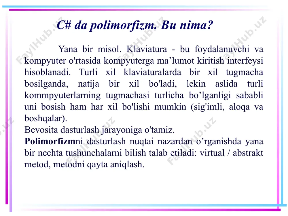 i. va voris sinfdagi metodni qayta aniqlash uchun ushbu metod override modifikatori bilan aniqlanadi. voris sinfdagi qayta aniqlangan metod, bazaviy sinfdagi virtual metod bilan bir xil parametrlarga ega bo'lishi kerak. 7 virtual metodlar va xususiyat(xossa)lar masalan, quyidagi sinflarni ko'rib chiqaylik: class person { public string name { get; set; } public person(string name) { name = name; } public virtual void display() { console.writeline(name); } } class employee : person { public string company { get; set; } public employee(string name, string company) : base(name) { company = company; } } 8 virtual metodlar va xususiyat(xossa)lar bu erda person sinfi shaxsni anglatadi. employee sinfi person sinfidan voris olingan va korxona xodimini ifodalaydi. ushbu sinf, voris qilib olingan name xususiyatidan tashqari, yana bitta xususiyat ega - company. display metodini qayta aniqlash uchun ushbu metod virtual modifikatori bilan aniqlangan. shuning uchun ushbu metod qayta aniqlanishi ham va qayta aniqlanmasligi ham mumkin. aytaylik, …