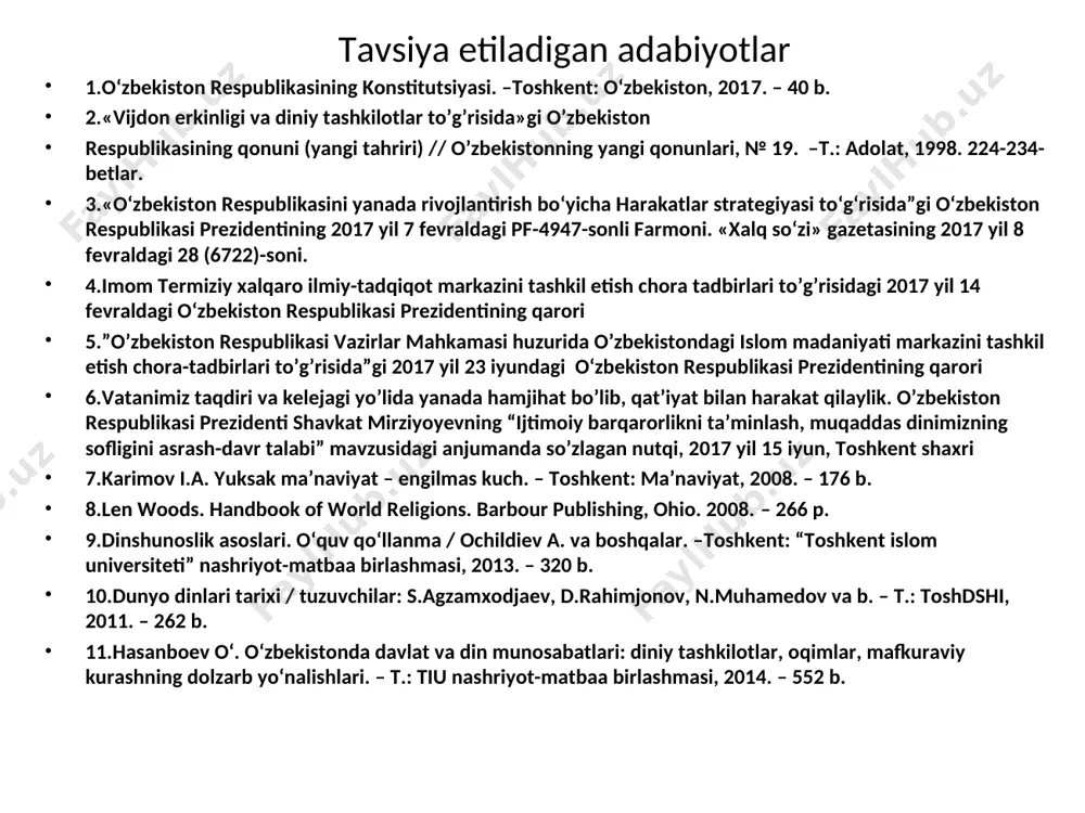 лари эса арзимасдир”, ҳадислар машҳур сунний муҳаддислари исломда тинчлик ва бағрикенглик масаласи қуръоннинг 50 дан ортиқ оятлари ва юзлаб сураларида мўмин-қобиллик, тинчликсеварлик ва бошқа дин вакилларига нисбатан бағрикенглик даъват этилган. 1 мусулмонларнинг энг афзали қўли ва тилидан бошқалар озор топмаганидир.(ҳадисдан) 2 аллоҳ таоло қонингиз, молингиз ва ор-номусингизни бир-бирингиз учун ана шу муқаддас шаҳрингиз, табаррук ойингиз ва улуғ айёмингиз каби муқаддас қилди.(видолашув ҳажи) 3 аллоҳ берган ризқдан еб-ичинглар, ер юзида бузғунчилик қилманглар.(бақара 60) 4 алллоҳ бузғунчи кимсаларнинг ишини ўнгламайди .(юнус 81). динда зўрлаш йўқ .(бақара 256). ислом рукнлари калом илми абу мансур ал-мотуридий(870-944) мотуридия таълимотининг ўзига хос хусусиятлари ашъария таълимоти. имон аллоҳнинг борлиги ва бирлиги фаришталарнинг борлигига (жаброил,микоил,исрофил,азроил) илоҳий китобларга(таврот, забур, инжил) пайғамбарларга(25 та, 124 минг) охират кунига тақдирга ўлимдан кейин қайта тирилишга диний амаллар категориялари ислом маросимлари ширк (араб. бир нечта худо бор, деб ширк келтириш, политеизм) куфр(арабча-сатр, тўсмоқ, инкор этмоқ) қиёмат (арабча–тик туриш, ўриндан туриш) 1 ўликларнинг қайта тирилиши …