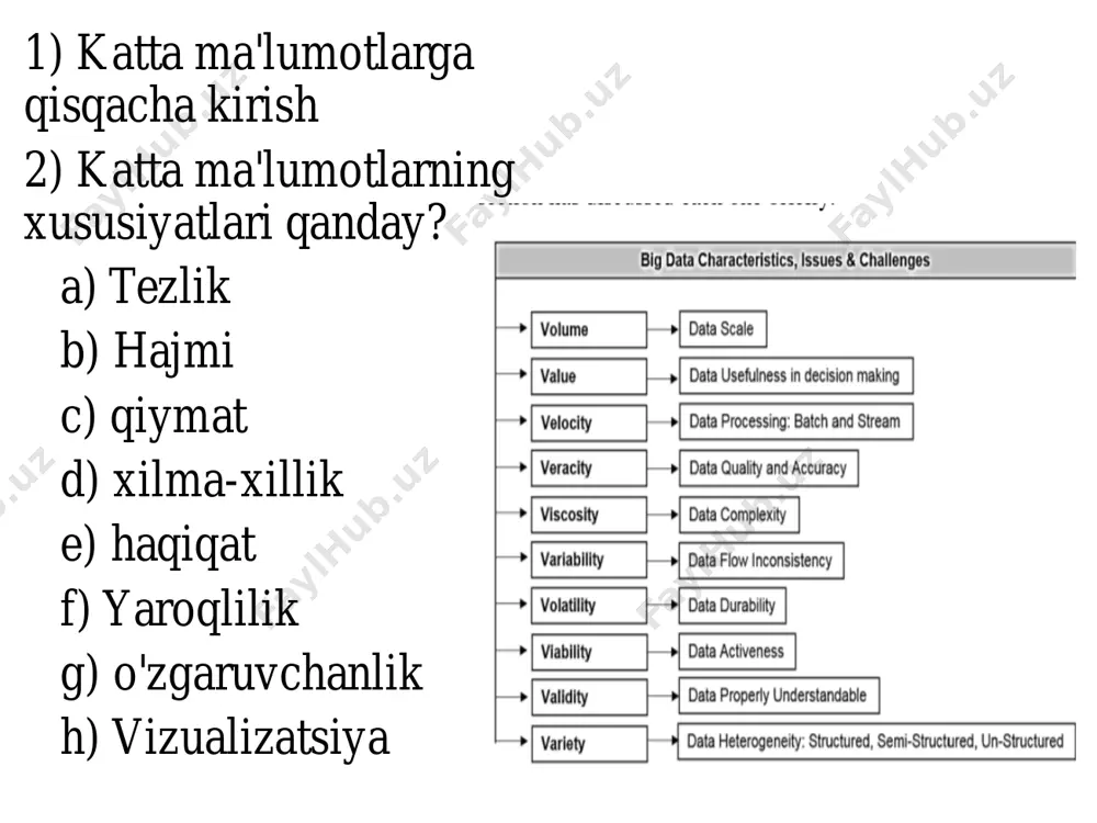 uchun tegishli va ishonchliligini baholashni o'z ichiga oladi. haqiqiylik tahlil qilish uchun foydalaniladigan ma'lumotlarning maqsadga muvofiqligini va belgilangan maqsadga muvofiqligini ta'minlaydi, noto'g'ri xulosalar chiqarish yoki noto'g'ri yoki ahamiyatsiz ma'lumotlarga asoslangan noto'g'ri qarorlar qabul qilish xavfini kamaytiradi. • o'zgaruvchanlik (volatility) o'zgaruvchanlik ma'lumotlarning o'zgarishi yoki eskirish tezligini anglatadi. katta ma'lumotlar ko'pincha o'zining dinamik tabiati bilan tavsiflanadi, ma'lumotlar doimiy ravishda yangilanadi, o'zgartiriladi yoki almashtiriladi. tashkilotlar uchun eng so'nggi ma'lumotlardan xabardor bo'lish va tahlil jarayonlarini mos ravishda moslashtirish muhimdir. ma'lumotlar o'zgaruvchanligini boshqarish yangi ma'lumotlarni olish va integratsiyalash, ma'lumotlar yangilanishlarini o'z vaqtida boshqarish va tezda eskirib ketishi mumkin bo'lgan ma'lumotlar bilan bog'liq muammolarni hal qilish uchun strategiyalarni amalga oshirishni o'z ichiga oladi. • vizualizatsiya (visualisiation) vizualizatsiya big data tahlilida muhim rol o'ynaydi. bu diagrammalar, grafiklar, xaritalar yoki interaktiv asboblar paneli kabi vizual formatda ma'lumotlarni taqdim etishni o'z ichiga oladi. katta ma'lumotlarni vizualizatsiya qilish tahlilchilar va qaror qabul qiluvchilarga murakkab naqshlarni, munosabatlarni va tendentsiyalarni osonroq tushunishga …