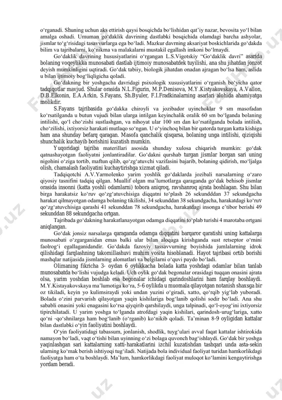 boshlab qo‘lga olish zarurligi, buning uchun tarbiyani bolalarning yosh xususiyatlari bilan bog‘liq holda olib borishni, ularga yosh davrlariga mos keladigan tarbiyaviy ta’sir ko‘rsatish zarurligini tushuntiradi. shu boisdan ham mutafakkir “devoni hikmat” asarida bolaning inson sifatida shakllanishida har bir yilning alohida bosqich ekanligini ta’kidlaydi. ilmiy psixologik adabiyotlarda qayd yetilishiga ko‘ra yosh davrlari psixologiyasi fani 19- asrning boshlarida vujudga kelgan, lekin dastlabki ildizi qadimgi yunon madaniyatiga borib taqaladi. uning predmeti va qonuniyatlari to‘g‘risida jahon psixologiyasi olamida turli qarashlar va nazariyalar mavjud. ularning juda keng tarqalganlari biogenetik (v.shtern), sotsiogenetik (k.levin) bixevioristik (e.torndayk) psixoanalitik (z.freyd) nazariyalaridir. shuningdek, mazkur fan metodlarga asoslanib tadqiqotlar olib borgan olimlar ham juda ko‘p. ilmiy psixologik adabiyotlarda keltirilgan emperik ma’lumotlar asosida yosh davrlari psixologiyasining mustaqil fan sifatida ajralib chiqishiga qator omillar va holatlar sabab bo‘lgan degan xulosaga kelish mumkin. ana shu kabi omillar tarkibiga psixolog e.g‘.g‘oziyev quyidagilarni kiritgan: 1. barcha fanlar negiziga kirib borgan evolyusiya g‘oyasining (ch.darvin) inson psixikasining rivojlanish …