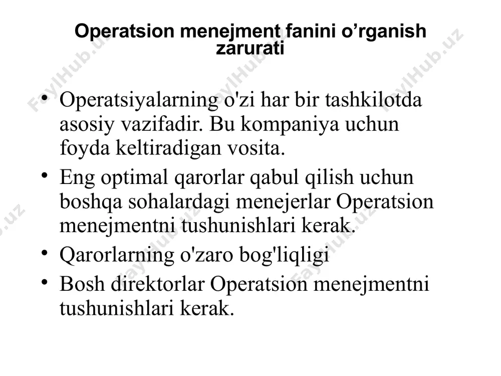 oshqa funktsiyalar bilan ishlashi kerak. operatsiyalar asosiy funktsiya sifatida, boshqa asosiy funktsiyalar bilan ishlashga muhtoj(marketing va moliyalashtirish). operatsiyalar funktsiyasi tomonidan ishlab chiqarilgan mahsulotlar foydasiz, agar ularni marketing orqali sotish imkoni bo'lmasa. operatsiyalar moliyalashtirish funktsiyasi tomonidan jalb qilingan sarmoyasiz amalga oshirilmaydi o'zaro faoliyatlar bo’yicha qarorlar qabul qilish operatsiyalar asosiy funktsiya sifatida, boshqa asosiy funktsiyalar bilan ishlashga muhtoj(marketing va moliyalashtirish). marketing qaysi mahsulotlarni qanday narxda ilgari surishni qaror qilish uchun operations bilan hamkorlik qilishi kerak. moliyalashtirish operation bilan hamkorlikda qancha kapital / kapitalning qaysi turini jalb qilish kerakligini hal qilishi kerak. operatsiyalar, shuningdek, inson resurslari, buxgalteriya hisobi, sotib olish, it, logistika funktsiyalari va boshqalar kabi boshqa funktsiyalar bilan ishlashi kerak. cross-functional decision making cross-functional decision making operatsiyalar – jarayon sifatida operatsiyalar – jarayon sifatida (process thinking) operatsiyalar - bu kirishni chiqishga aylantiradigan transformatsiya jarayoni (tizim) sifatida tavsiflanadi shuning uchun om biznes maqsadlarini (masalan, missiyalar, maqsadlar) yakuniy maqsad bilan (ya'ni, oxirgi mijozlar) bog'laydi. …