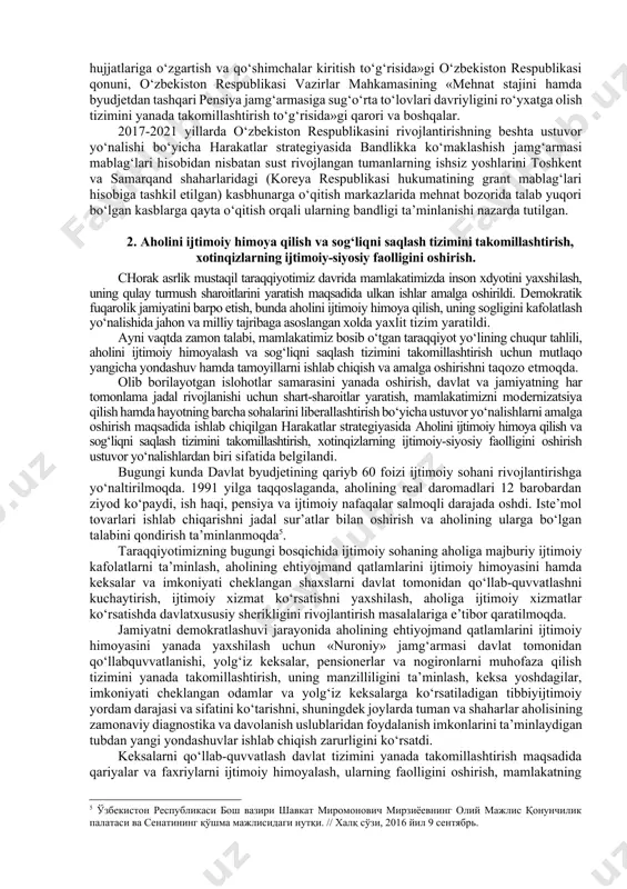 lashda yangi samarali shakllar va uslublarni davom ettirish; bitiruvchilar bandligini ta’minlashda belgilangan imtiyozlardan kengroq foydalanish; bitiruvchilarga o‘z binesini tashkil etishlari uchun mikrokreditlar ajratish amaliyotini davom ettirish. 2017-2021 yillarda o‘zbekiston respublikasini rivojlantirishning beshta ustuvor yo‘nalishi bo‘yicha harakatlar strategiyasida mehnat bozori talablariga asosan, professional qadrlarni qayta tayyorlash yuzasidan qisqa muddatli trening va o‘quv kurslarini o‘tkazish bo‘yicha nodavlat ta’lim muassasalari faoliyatini rag‘batlantirish, nodavlat ta’lim muassasalari faoliyatini litsenziyalash tartibini soddalashtirish, davlat akkreditatsiyasiga ega bo‘lgan nodavlat ta’lim muassasalari uchun davlat namunasidagi hujjatlarni berish bo‘yicha mavjud cheklovlarni bartaraf etish nazarda tutilgan. hududlarda aholi bandligini ta’minlash hamda qo‘shimcha daromad manbaini yaratish maqsadida tijorat banklari tomonidan mikrokreditlar ajratish hajmini yanada oshirish quyidagi sohalarda nazarda tutilgan: fuqarolarning shaxsiy yordamchi xo‘jaliklarida qishloq xo‘jaligi mahsulotlari etishtirish qoramol, qo‘y, echki, quyon boqish va go‘sht etishtirish parrandachilik va asalarichilikni rivojlantirish ixcham issiqxonalar tashkil etish urug‘ va ko‘chatlar etishtirish buning natijasida aholi tomorqasidan foydalanish samaradorligi oshadi, ishlab chiqariladigan sifatli qishloq xo‘jaligi mahsulotlari hajmi ko‘payadi. …