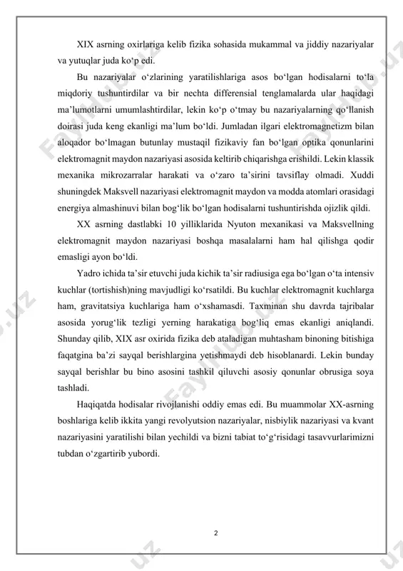 hildi va bizni tabiat to‘g‘risidagi tasavvurlarimizni tubdan o‘zgartirib yubordi. fizika xix asrning, oxirigacha qanday ko‘rinishda ma’lum bo‘lsa, shunday ko‘rinishda mumtoz fizika deb atash qabul qilindi. fandagi revolyutsiyalar hisobiga xx asrning boshida paydo bo‘lgan yangi fizika zamonaviy fizika deb ataladigan bo‘ldi. zamonaviy fizikaning asoschilari m.plank va a.eynshteynlardir. bu bo‘limda 1905 yilda a.eynshteyn asos solgan maxsus nisbiylik nazariyasi va yorug‘lik tushunchalariga to‘xtalamiz va asosan harakatdagi muhitlar optikasini tushinishga harakat qilamiz. bu muammoni tekshirishda yorug‘lik manbai va yorug‘likni qayd qiluvchi asboblarning yorug‘lik tarqalayotgan muhitga nisbatan harakatini aniqlab bo‘ladimi yoki manba bilan qayd qiluvchi asbobning bir-biriga nisbatan harakatinigina aniqlab bo‘ladimi, degan savolga beriladigan javob muhim ahamiyatga ega. bu masala harakatlanayotgan muhitlar optikasining (va elektrodinamikasining) umumiy masalasidir. bu masala katta prinsipial ahamiyatga ega, chunki ko‘pchilik tajribalarimiz yer ustidagi laboratoriyalarda, ya’ni boshqa samoviy jismlarga nisbatan harakatlanayotgan sistemada o‘tkaziladi. bu faktning kuzatilayotgan hodisalar kechishiga ta’sir qilish-qilmasligini va ta’sir qilsa, bu ta’sirning qanday bo‘lishini bilish muhimdir. agar o‘zi …