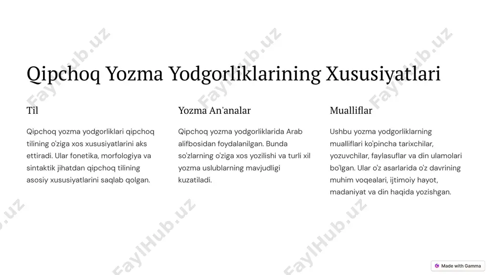 qipchoq yozma yodgorliklari ham arab alifbosida yozilgan. lotin yozuvi xx asrning boshlarida qoraqalpoq tili uchun lotin yozuvi joriy etildi. bu zamonaviy yozuv tizimini yaratishga yordam berdi. kiril yozuvi hozirda qoraqalpoq tili kiril yozuvida yoziladi. bu yozuv tizimi qoraqalpoq xalqining madaniy va ta'lim sohasida muhim rol o'ynaydi. 8 qoraqalpoq tilining zamonaviy holati adabiyot qoraqalpoq tilida zamonaviy adabiyot rivojlanmoqda. ko'plab yozuvchilar romanlar, hikoyalar, she'rlar va boshqa asarlar yaratishda davom etmoqda. ta'lim qoraqalpoq tili ta'lim tizimida qo'llaniladi. maktablar va oliy o'quv yurtlarida qoraqalpoq tilida dars beriladi. 9 kelajakda qoraqalpoq tilining rivoji qoraqalpoq tilining kelajagi yorqin. bu tilning rivojlanishi uchun ko'plab imkoniyatlar mavjud. zamonaviy texnologiyalar yordamida qoraqalpoq tili yanada keng tarqalishi va rivojlanishi mumkin. 10 image1.png image2.png image3.png image4.png image5.png image6.png image7.png image8.png image9.png image10.png image11.png image12.png image13.png image14.png image15.png image16.png image17.png