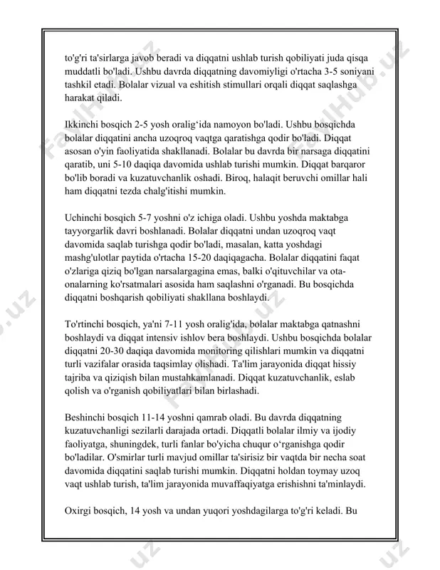 . ixtiyorsiz diqqatning asosiy xususiyatlaridan biri shundaki, yalt etgan nur, baland tovush yoki o‘zgaruvchan muhitga duch kelganda avtomatik ravishda namoyon bo‘ladi. ixtiyorsiz diqqat evolyutsion jarayon natijasida insonlarning omon qolishiga yordam beruvchi mexanizm sifatida rivojlangan. bu turdagi diqqatning eng keng tarqalgan sabablari orasida qiziqarli hodisalar, yangi va noodatiy voqealar kiradi. 3. **postixtiyoriy diqqat**: bu turdagi diqqat dastlab ixtiyoriy xarakterga ega bo‘lib, keyinchalik kishining qiziqishi tufayli avtomatik tarzda davom ettiriladi. postixtiyoriy diqqat insonning qiziqishlari va ehtiyojlari bilan chambarchas bog‘liq bo‘ladi. ushbu diqqat turi ixtiyoriy diqqat bilan boshlanib, keyinchalik qiziqarli va jalb qiluvchi faoliyat tufayli ixtiyorsiz holatga aylanadi. bu diqqatning mustahkamlanishi, odatda, kontekstning qiziqarli yoki motivatsion qiymatiga bog‘liq bo‘ladi. diqqatning yuqoridagi turlaridan tashqari, quyidagi xususiyatlari ham muhimdir: - **barqarorlik**: diqqatning muayyan narsa yoki hodisaga uzoq vaqt davom etadigan ishtiyoqni saqlashi. qanchalik uzoq vaqt davomida diqqatni biror narsaga qarata olish barqarorlik deb ataladi. - **joylanish**: diqqatning muayyan soha yoki obyektga yo‘naltirilishi. inson diqqatni kerakli …