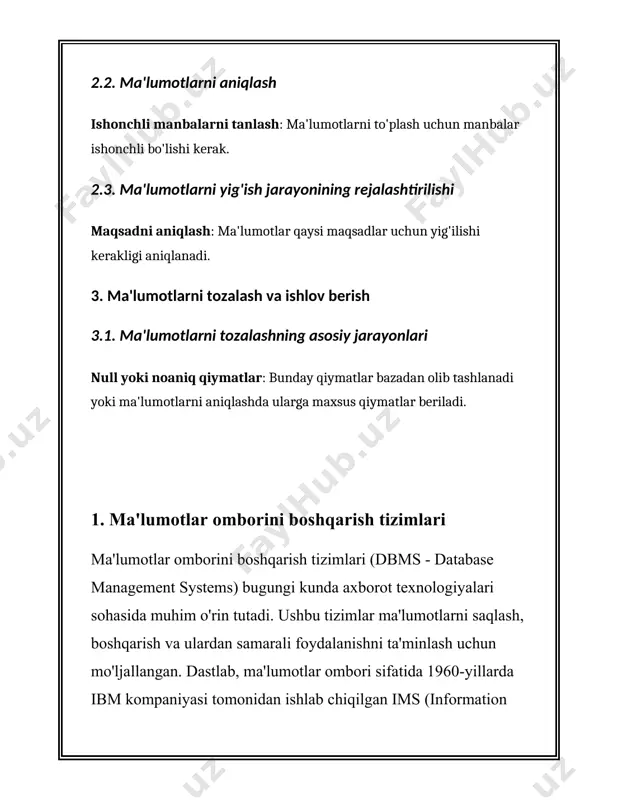 hqa axborot tizimlari va dasturlash tillari bilan integratsiyani qo'llab-quvvatlaydi. masalan, ma'lumotlar omborlari api yoki standarti protokollar orqali turli dasturiy interfeyslar bilan ishlashi mumkin. relyatsion ma'lumotlar omborini boshqarish tizimlari ichida eng mashhurlari quyidagilar: - **oracle database**: dunyoda keng tarqalgan va kuchli dbmslardan biri bo'lib, korporativ darajada keng qo'llaniladi. oracle ko'p foydalanuvchilar qo'llovini, katta hajmdagi ma'lumotlar bilan ishlashni va yuqori xavfsizlik darajasini ta'minlaydi. - **microsoft sql server**: microsoft tomonidan ishlab chiqilgan bu dbms ko'plab korporativ muhitlarda keng foydalaniladi. u qulay interfeys va samarali ma'lumotlar boshqarish imkoniyatlarini taqdim etadi. - **mysql**: ochiq manba kodli va ko'plab veb-dasturlar, xususan, lamp (linux, apache, mysql, php) arxitekturasi asosida ishlaydigan saytlar uchun mashhur dbms. - **postgresql**: ochiq manba kodli relyatsion ma'lumotlar ombori bo'lib, keng funksional imkoniyatlarga ega. u jiddiy dasturlash vazifalarida yuqori ishonchlilikni ta'minlaydi. non-relyatsion yoki nosql ma'lumotlar omborlari zamonaviy muammolarni hal etish uchun muhim ahamiyat kasb etadi. ular alohida katta hajmli va tez o'zgaruvchan ma'lumotlar uchun …