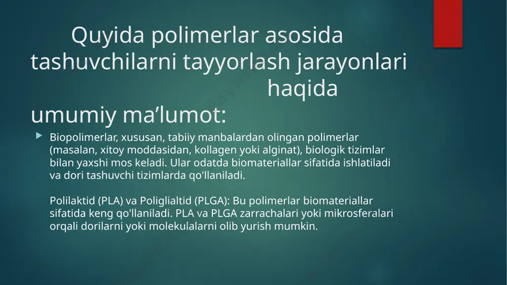 h orqali yangi shaklga keltiriladi. bunda polimer materiallari qayta ishlanishi mumkin, masalan, to'ldirish, chiqindi materiallarni ajratish, va hokazo kimyoviy qayta ishlash: kimyoviy qayta ishlashda polimerlar kimyoviy reaktsiyalar orqali qayta ishlanadi. bu jarayonlar polimerlarning strukturaviy o'zgarishlarini yuzaga keltirishi yoki polimerlarni boshqa materiallarga aylantirishi mumkin. kimyoviy qayta ishlashda polimerlar erigan holda yoki katalizator yordamida qayta ishlanishi mumkin. xulosa : polimerlar asosida tashuvchilarni tayyorlash jarayoni turli materiallar va texnologiyalarni talab qiladi, bu esa ularning qayerda va qanday ishlatilishini aniqlashda muhim ahamiyatga ega. biopolimerlar tabiiy tizimlarga mos keladi, sintetik polimerlar esa maxsus xususiyatlar yaratishga imkon beradi. nanoteknologiya yordamida polimer nanomateriallari orqali dori yuborish tizimlari yanada samarali va nozik bo'lishi mumkin. foydalanilgan adabiyotlar : biotechnology: a textbook of industrial microbiology" (william j. f. d. keough) – biotexnologiyaning industriyal sohasida mikroorganizmlar yordamida amalga oshiriladigan jarayonlar haqida. "principles of gene manipulation and genomics" (s. b. primrose, richard twyman) – gen manipulyatsiyasi va genomika bo'yicha asosiy tushunchalar va …